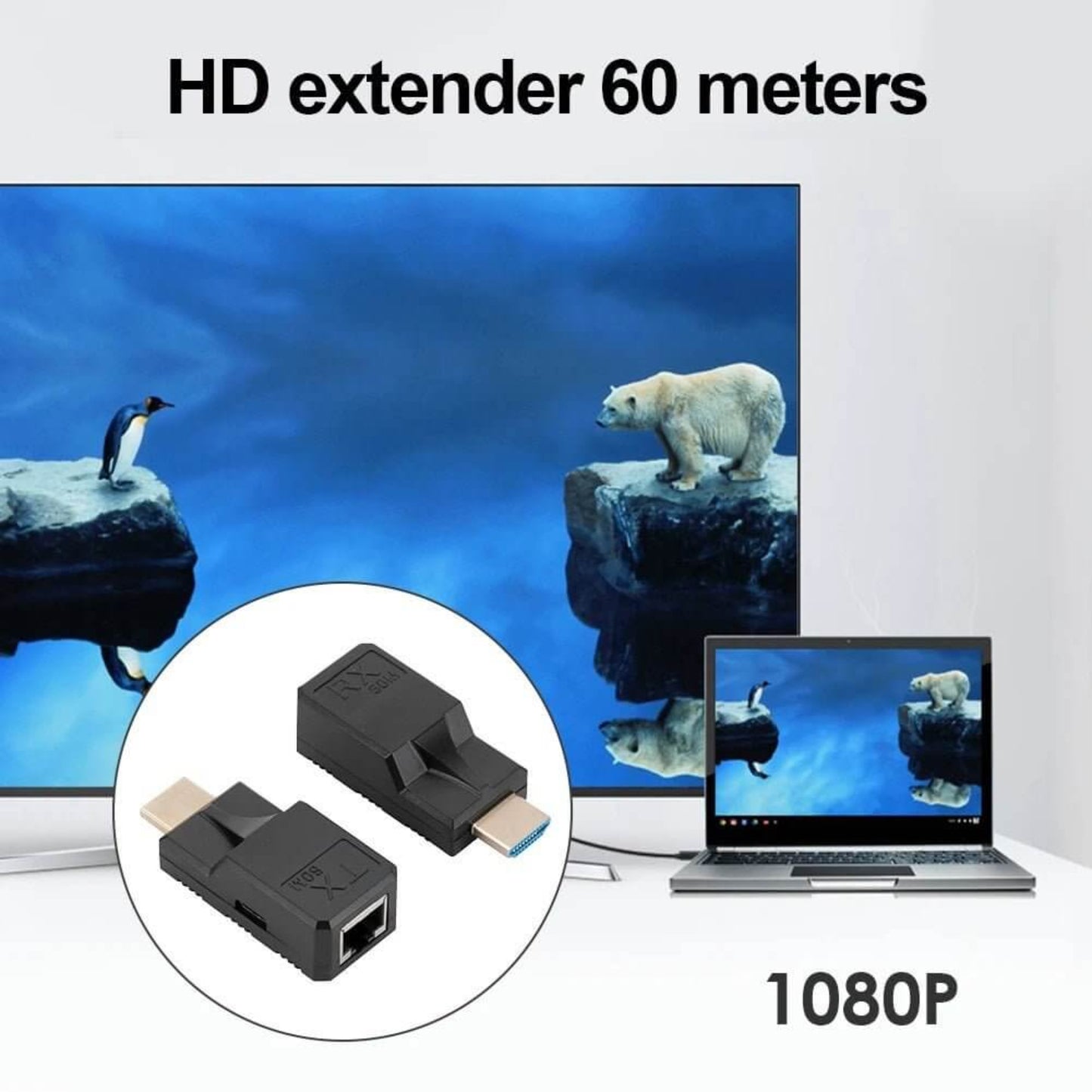 HDMI signal extender kit showing connections to a laptop, monitor, projector, and TV.