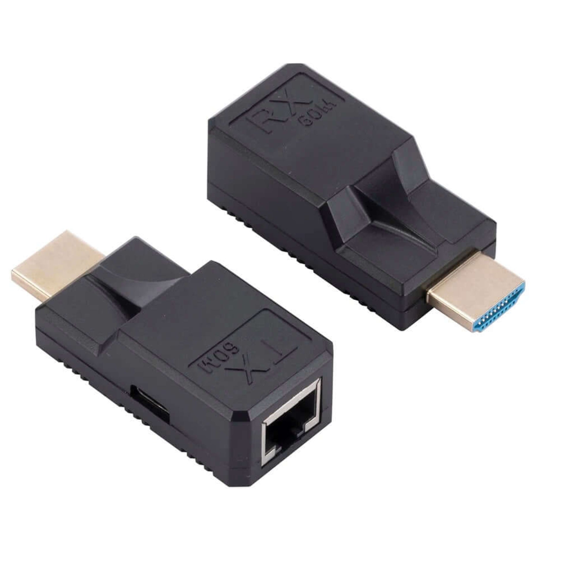 A close-up, angled view of the HDMI extender TX and RX modules.