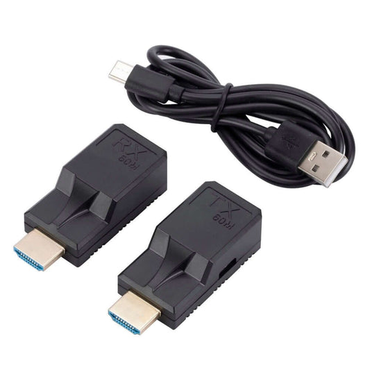The HDMI extender kit, including the TX and RX modules and a USB power cable.