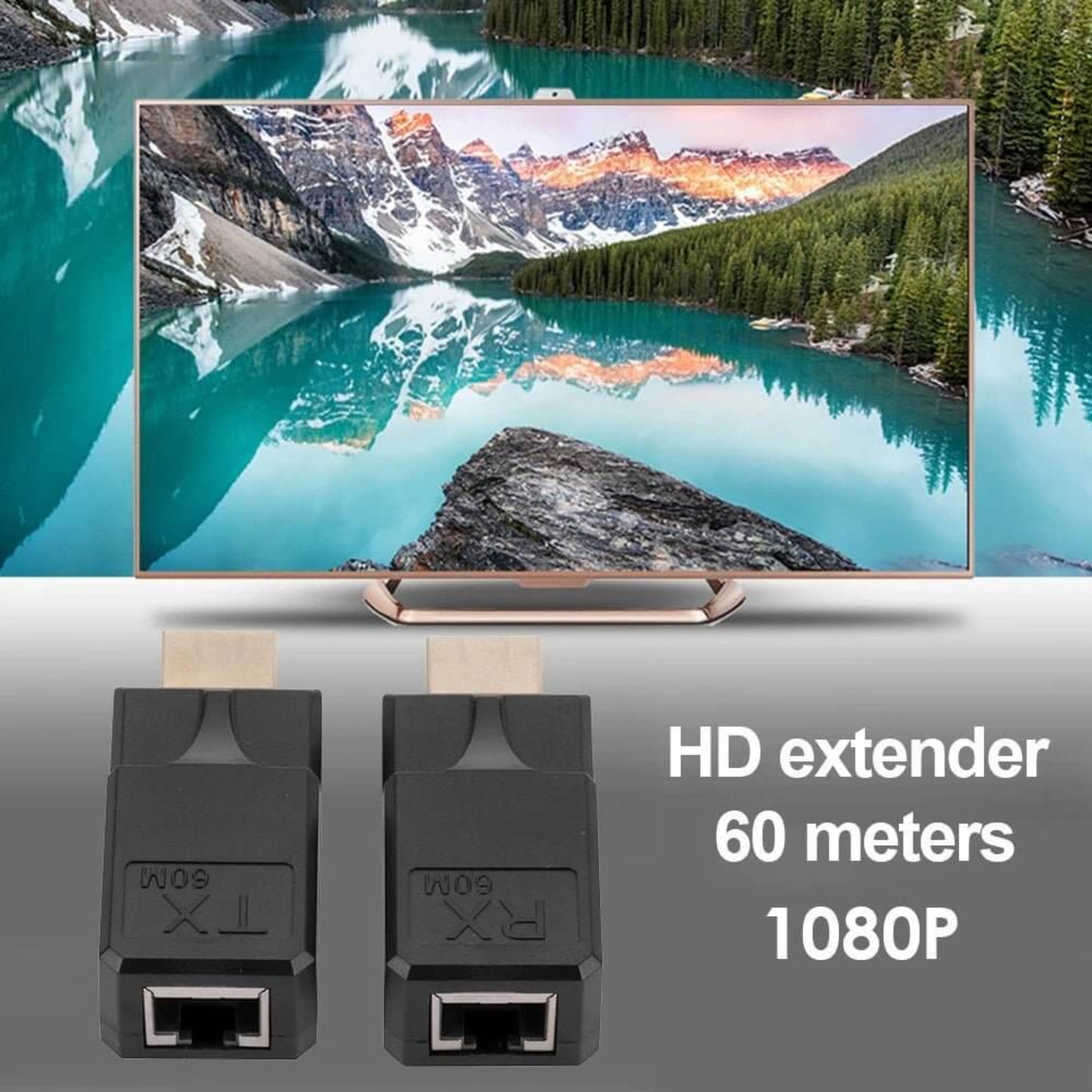 A pair of HDMI extenders, with a close-up highlighting synchronous audio and video transmission.