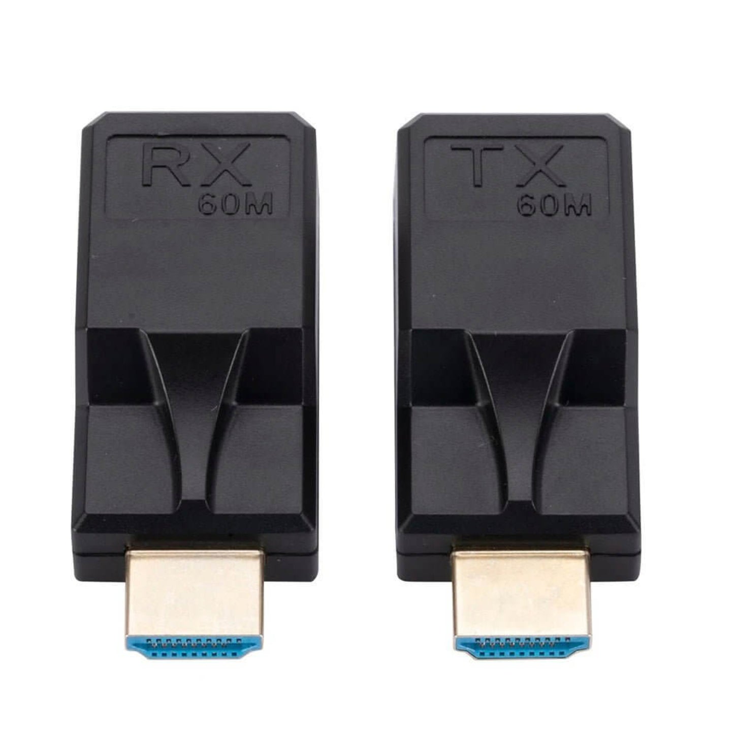 A front-facing view of the HDMI extenders, showing the TX and RX modules.