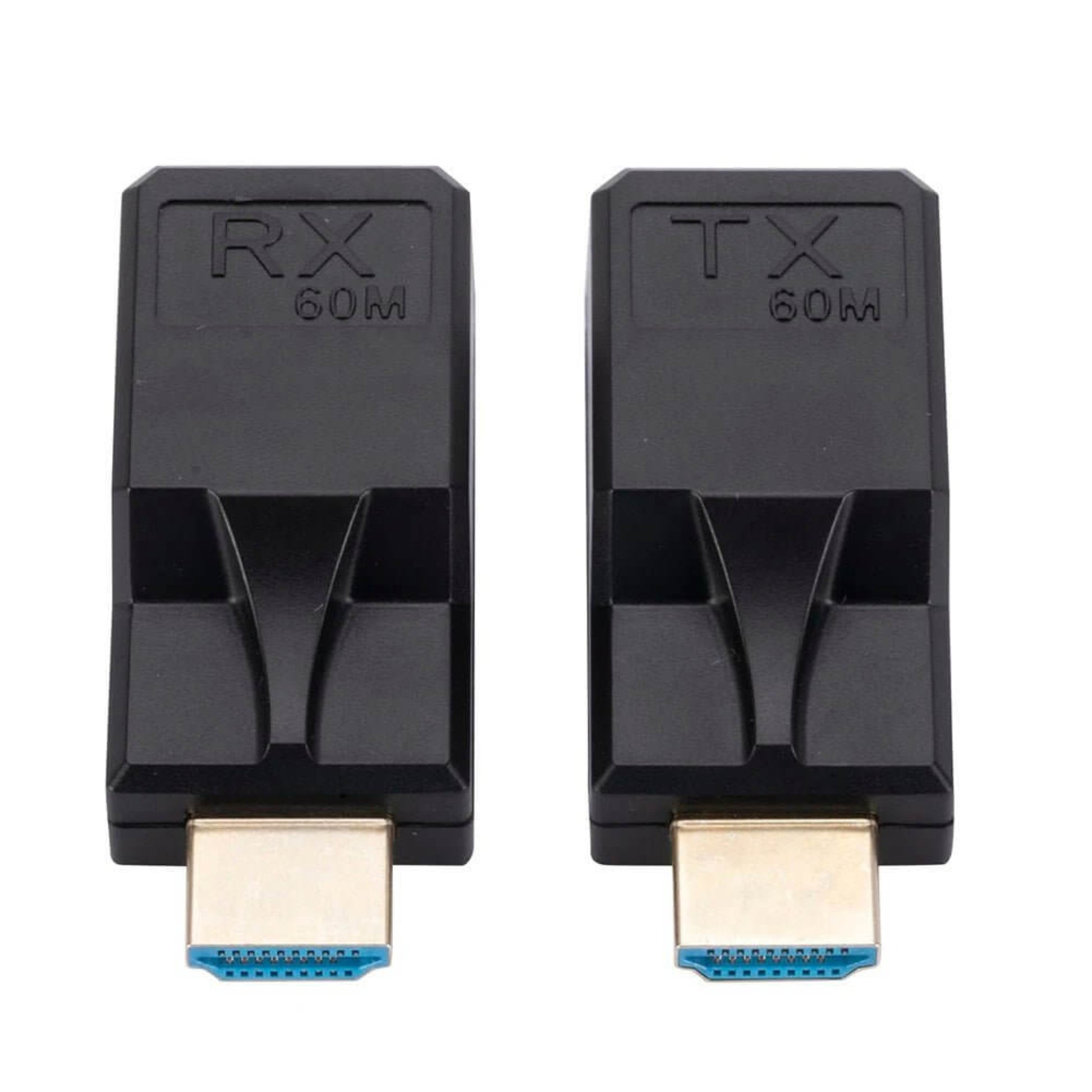 A front-facing view of the HDMI extenders, showing the TX and RX modules.