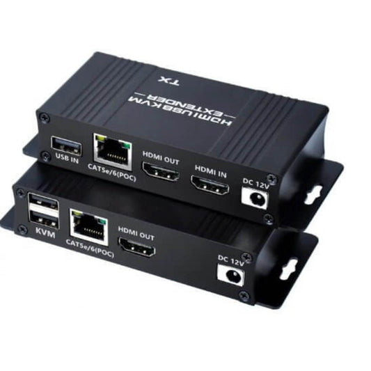 50M HDMI KVM USB Extender device with HDMI and USB ports for seamless video and remote control over Ethernet.