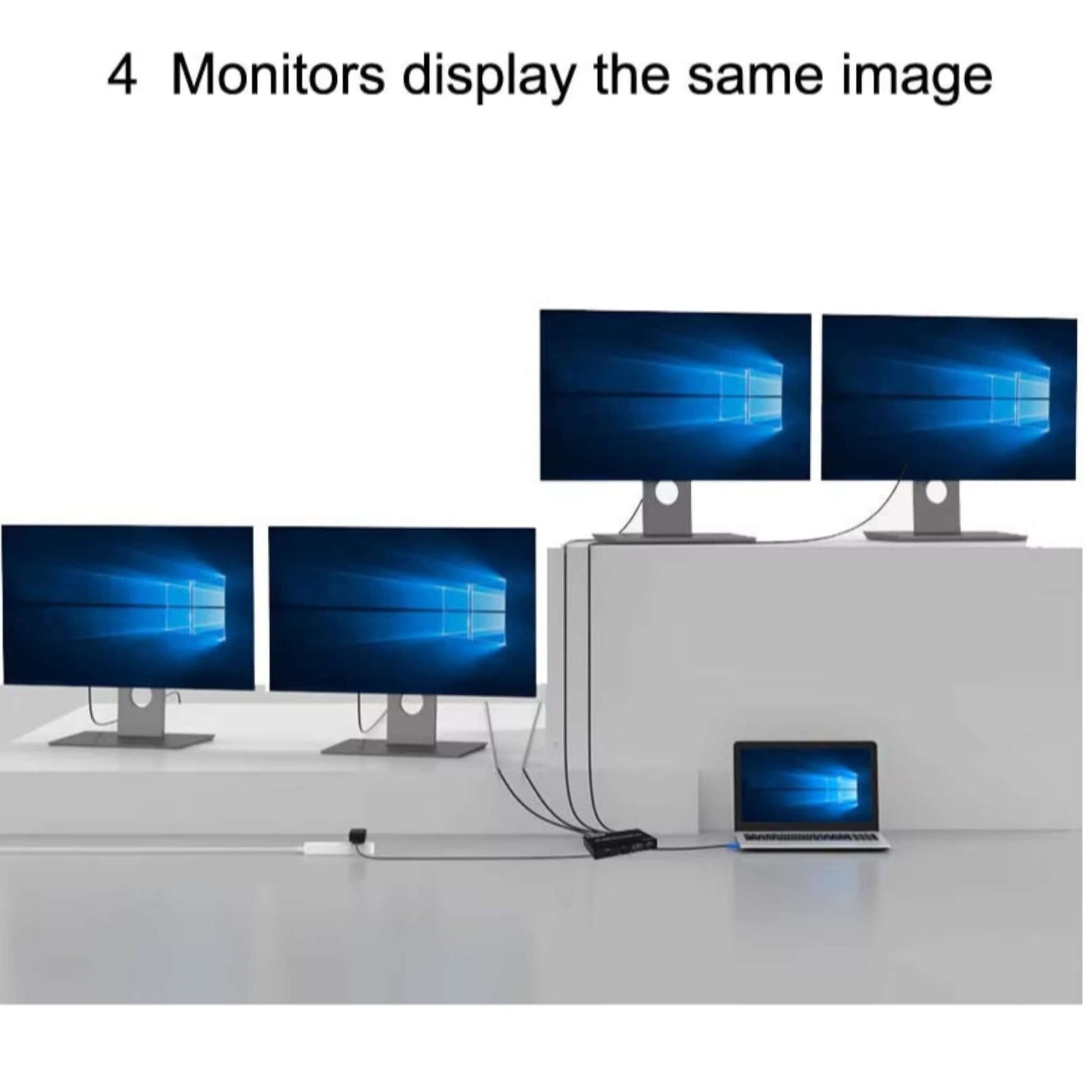 Four monitors connected to a laptop, displaying the same image for presentations or gaming setups.