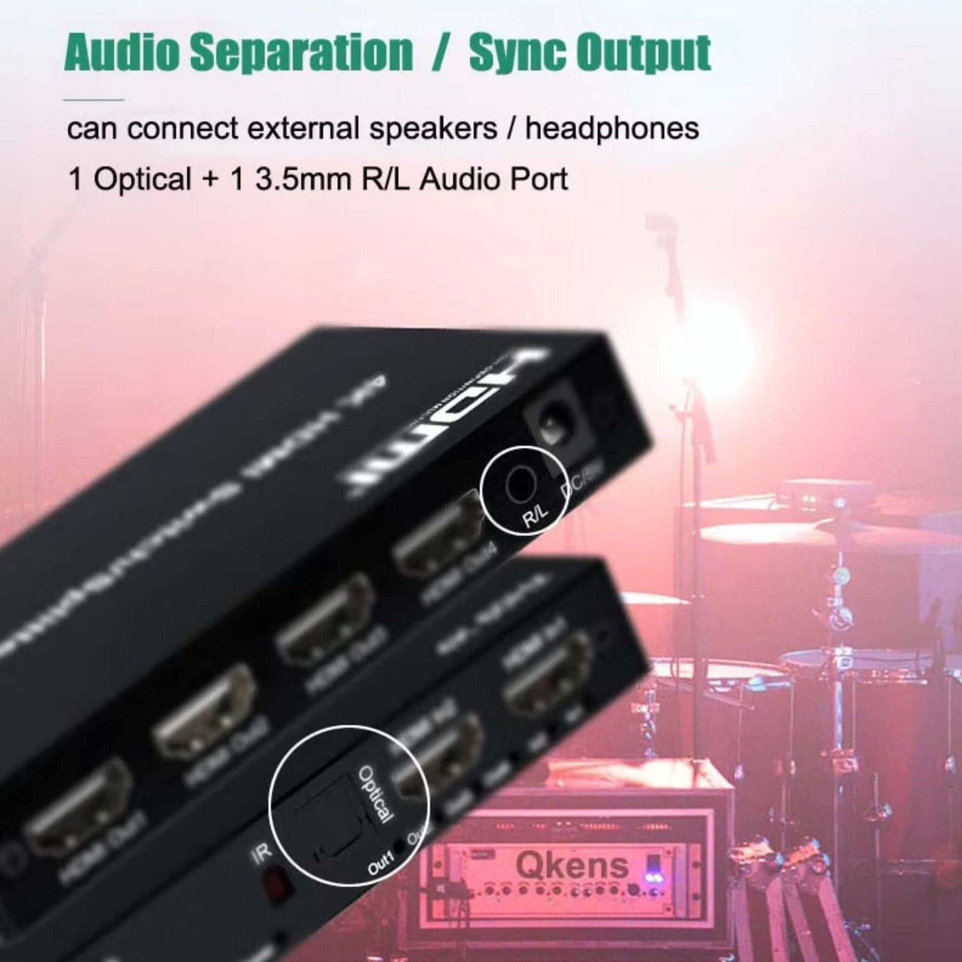 Close-up of 4K HDMI switch splitter showing audio separation and sync output options for speakers and headphones.