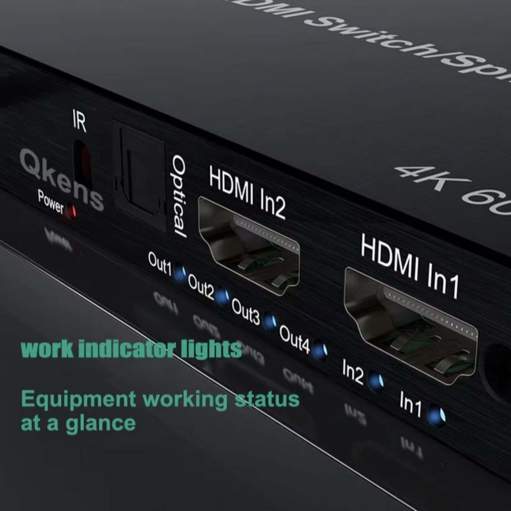 Close-up of 4K 60Hz HDMI 2x4 Switch Splitter with indicator lights showing device status and HDMI input/output ports.