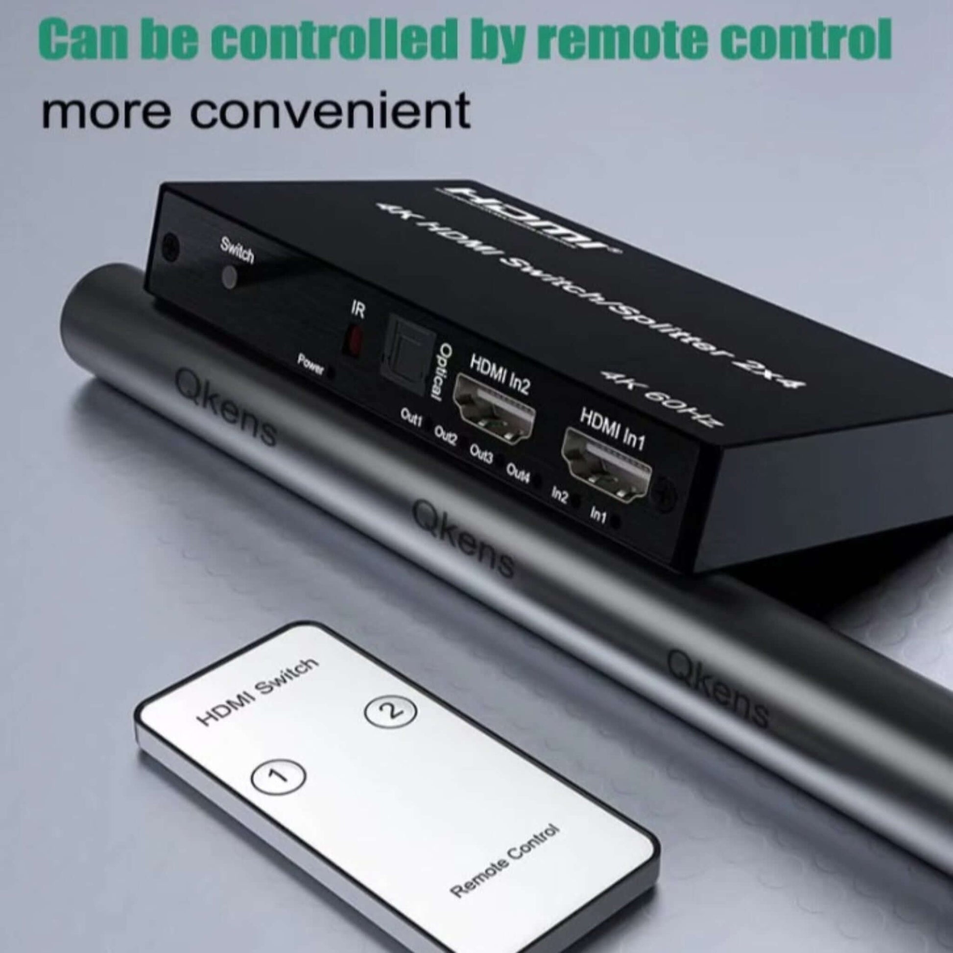 4K 60Hz HDMI 2x4 Switch Splitter with remote control for easy operation and convenience.