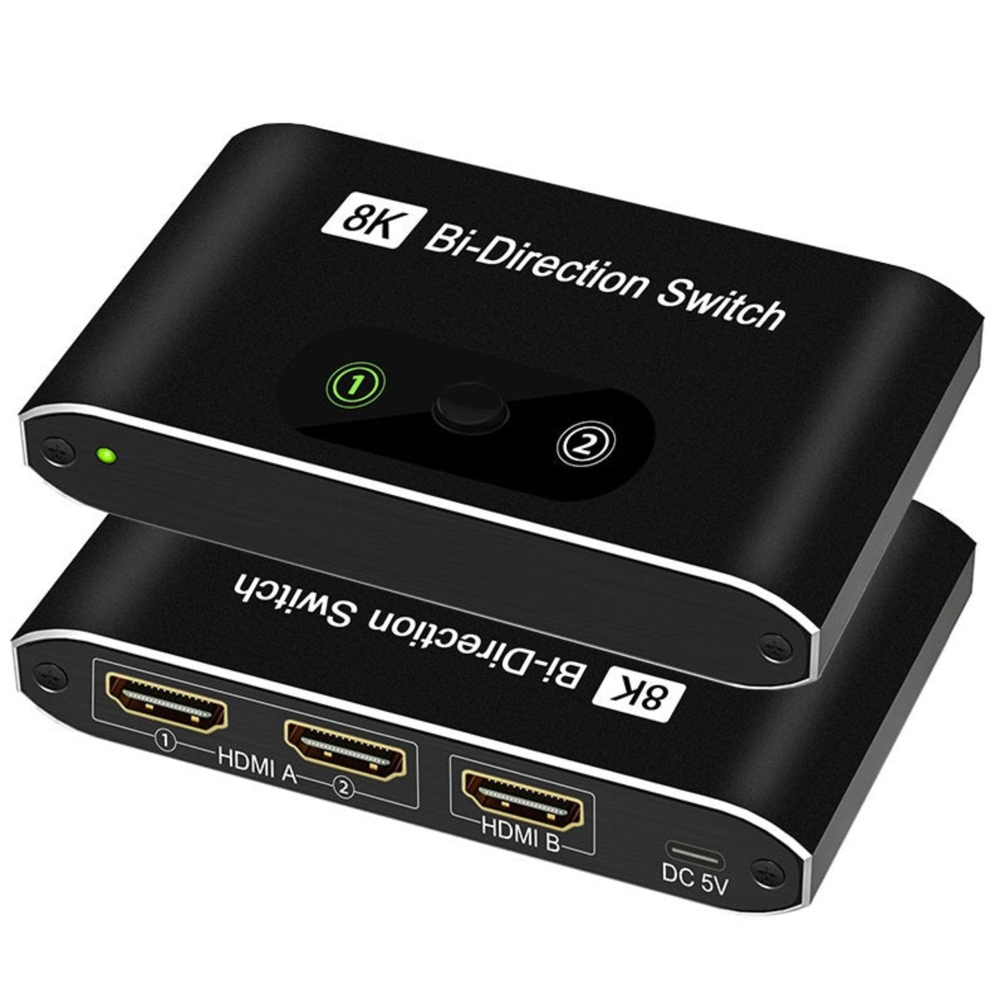 8K HDMI 2.1 雙向切換器的頂部及底部視圖，突出其耐用的鋁合金散熱外殼及 Type-C 獨立供電接口。