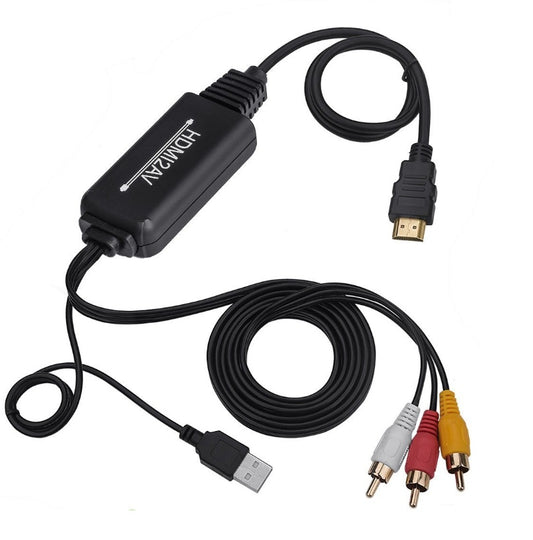 Black HDMI to RCA/AV converter cable with HDMI input, USB power, and yellow, white, red RCA outputs, isolated on a white background.