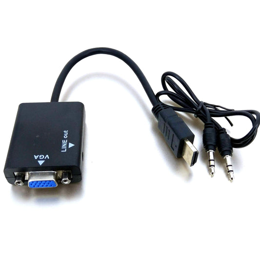 HDMI to VGA adapter with a 3.5mm audio output jack for simultaneous video and audio conversion.