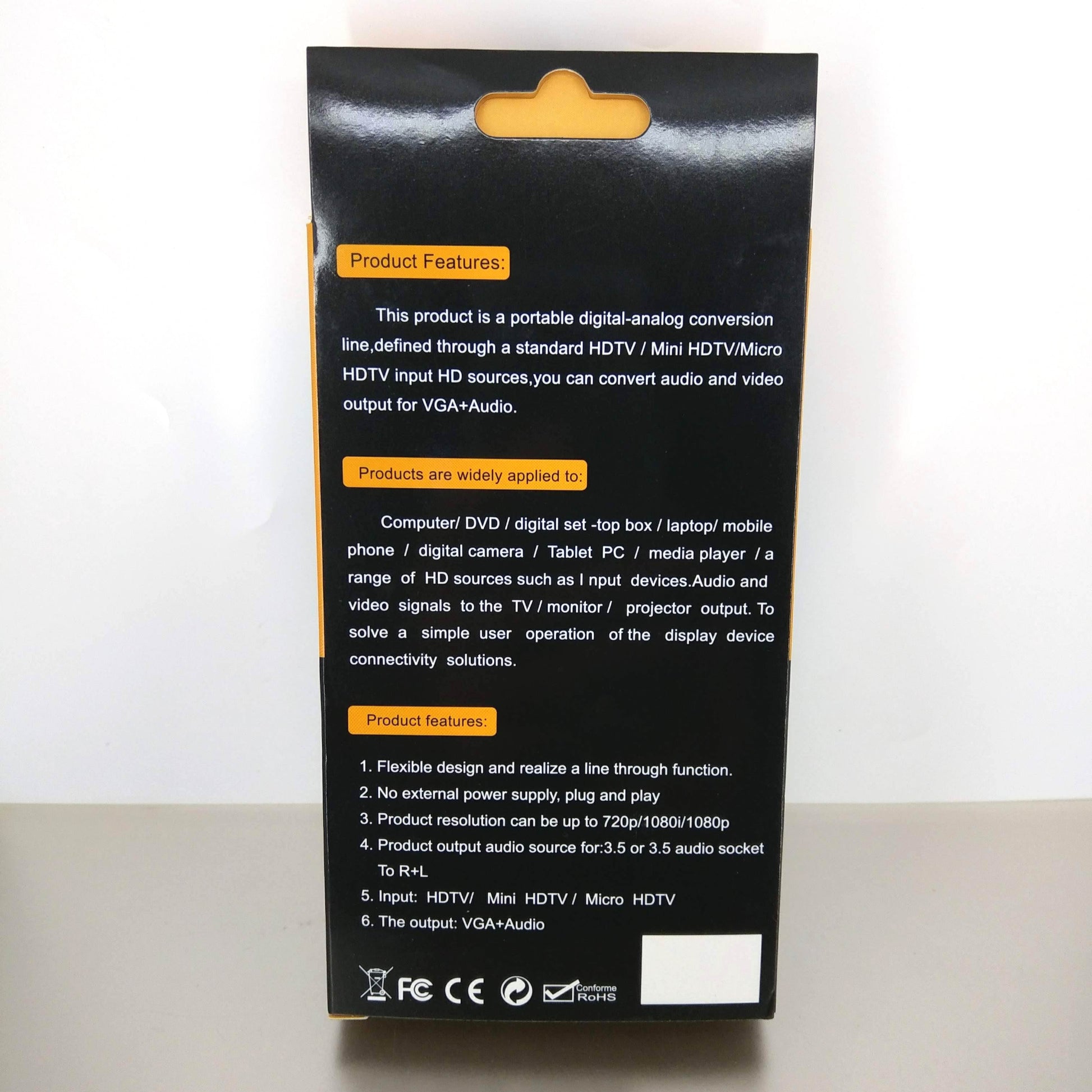 Product features listed on the box for the HDMI to VGA converter, detailing its functions and compatibility.