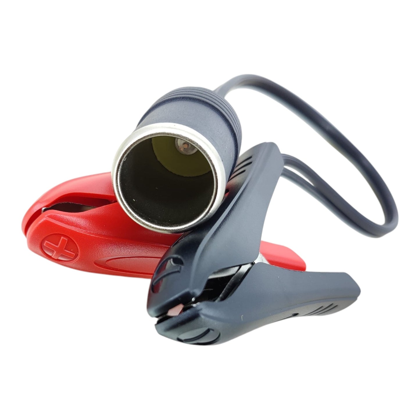 Close-up of the durable female cigarette lighter socket on the 12V battery adapter cable.