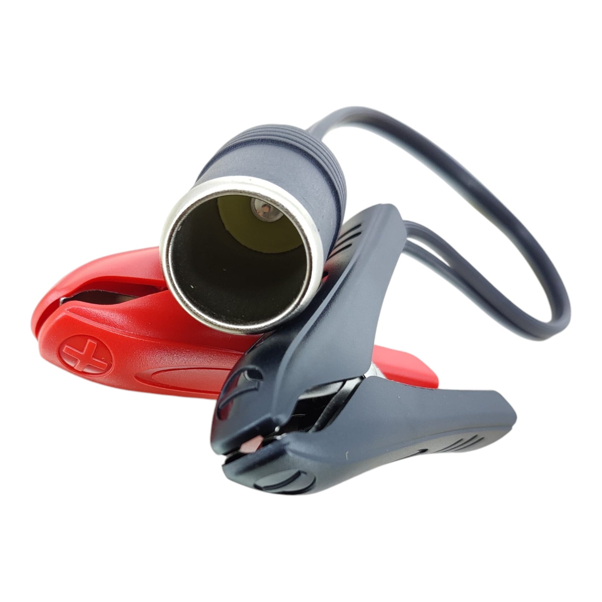 Close-up of the durable female cigarette lighter socket on the 12V battery adapter cable.