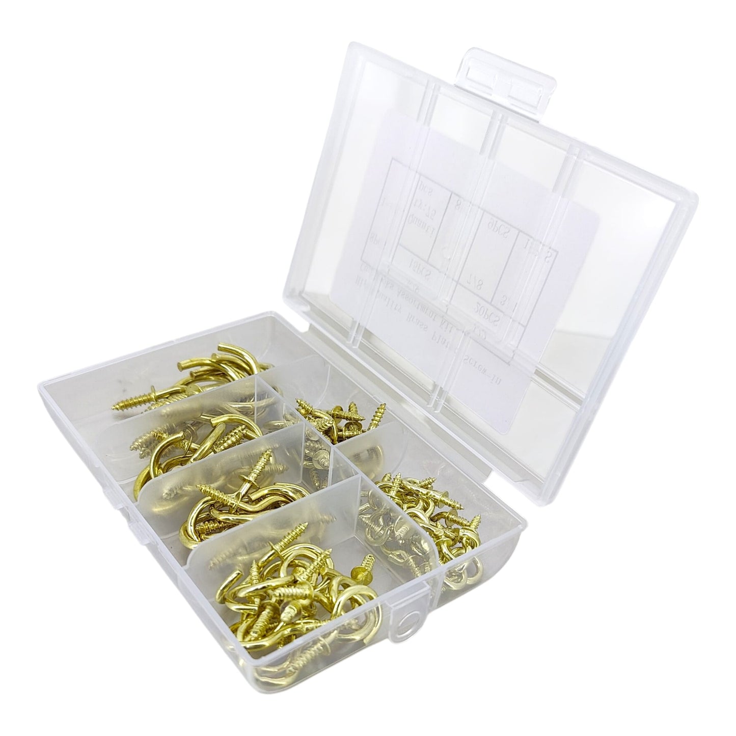 Open storage box revealing assorted heavy-duty brass plated screw-in hooks for home organization.