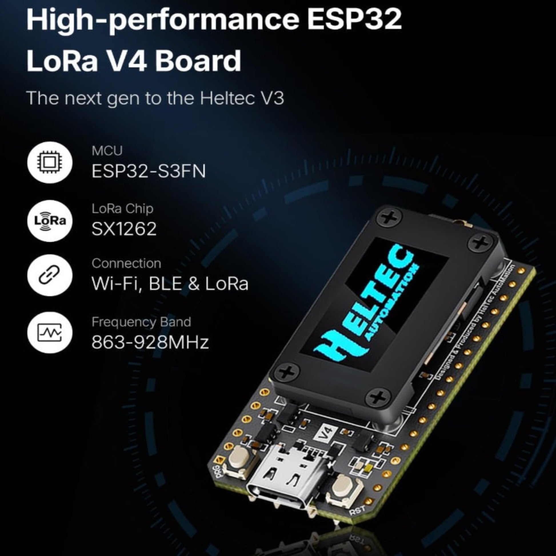Heltec V4 底板規格：ESP32-S3FN 晶片及 SX1262 LoRa，支援香港完全合法且信號穩定的 915MHz 頻段。