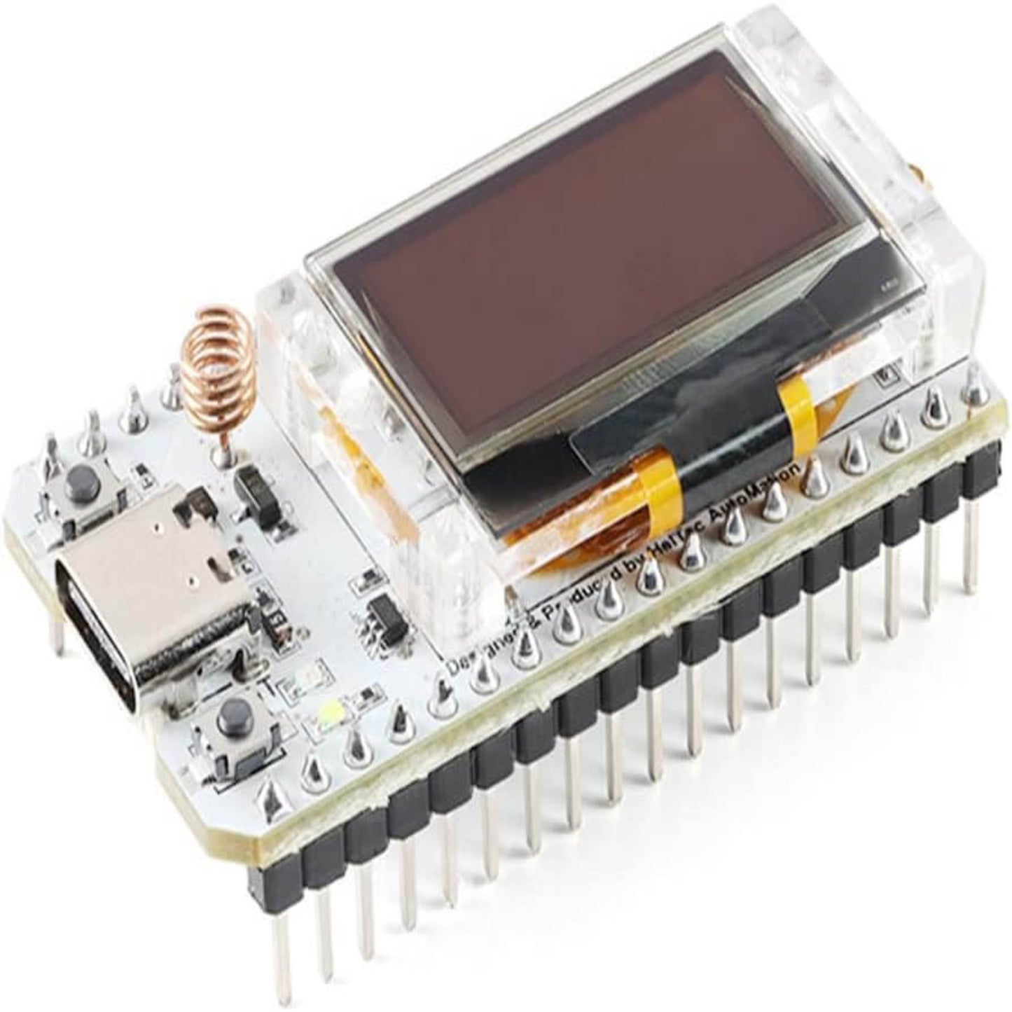 Front view of the Heltec LoRa 32 V3 development board, showing the integrated OLED screen and LoRa coil antenna.