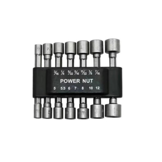 14-piece hexagon nut driver socket set with various sizes for electrical screwdriver use.