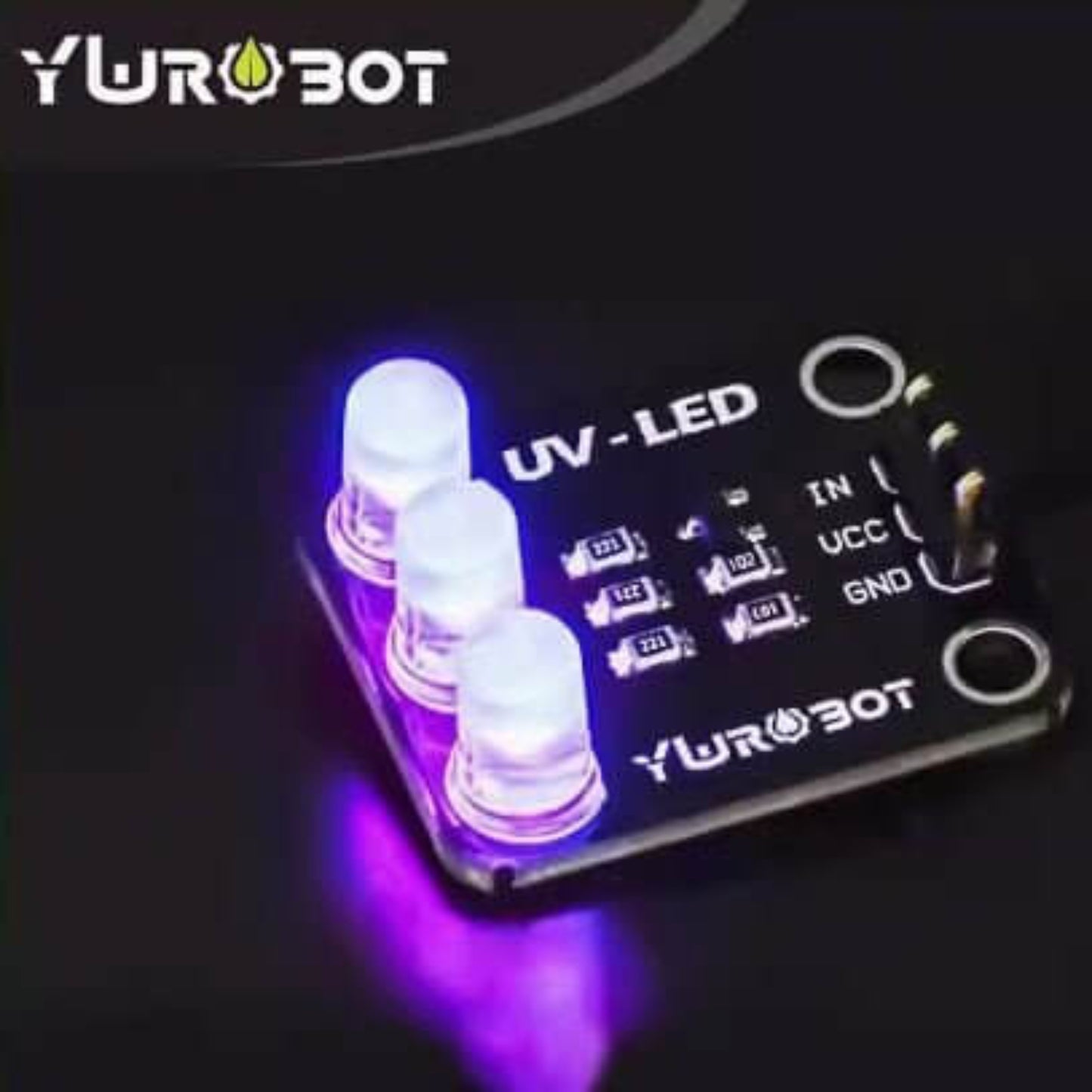 High efficiency UV LED Module (3 bulbs) emitting purple light, ideal for UV curing and banknote verification experiments.