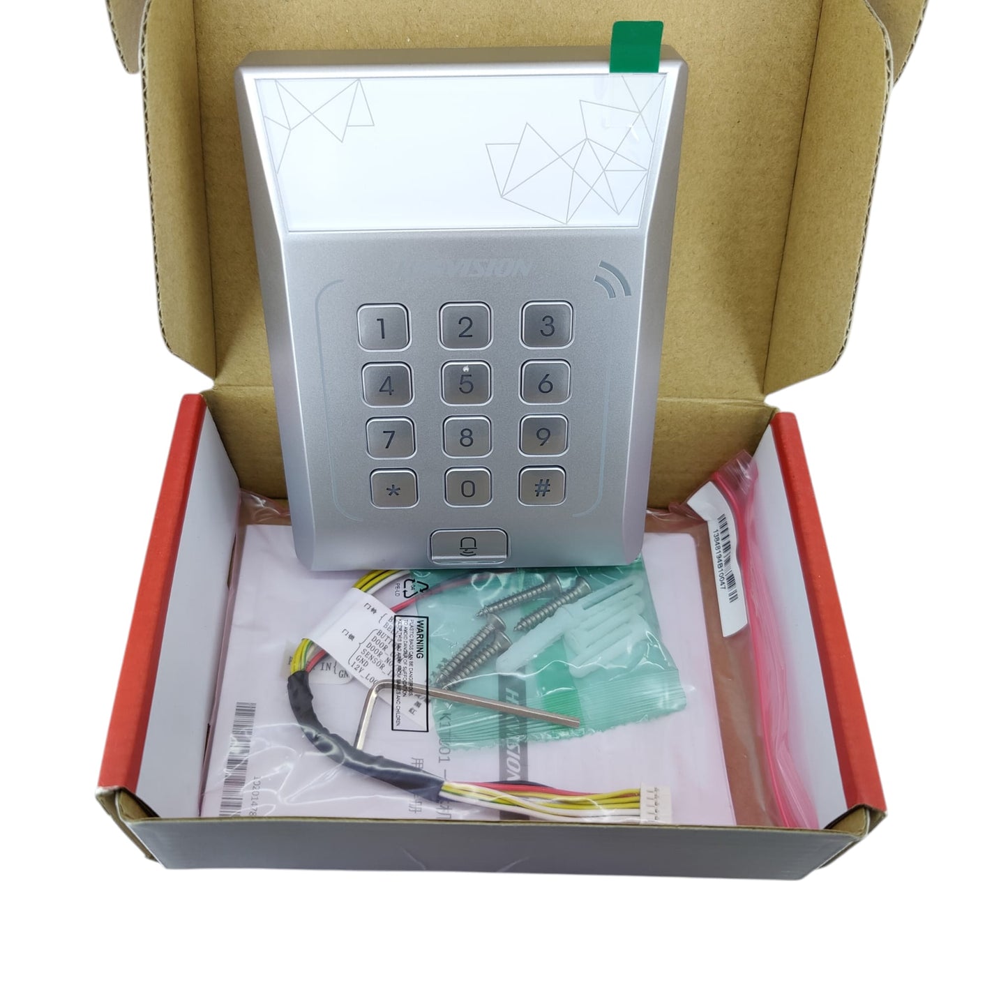 Silver keypad entry system with doorbell button for office security
