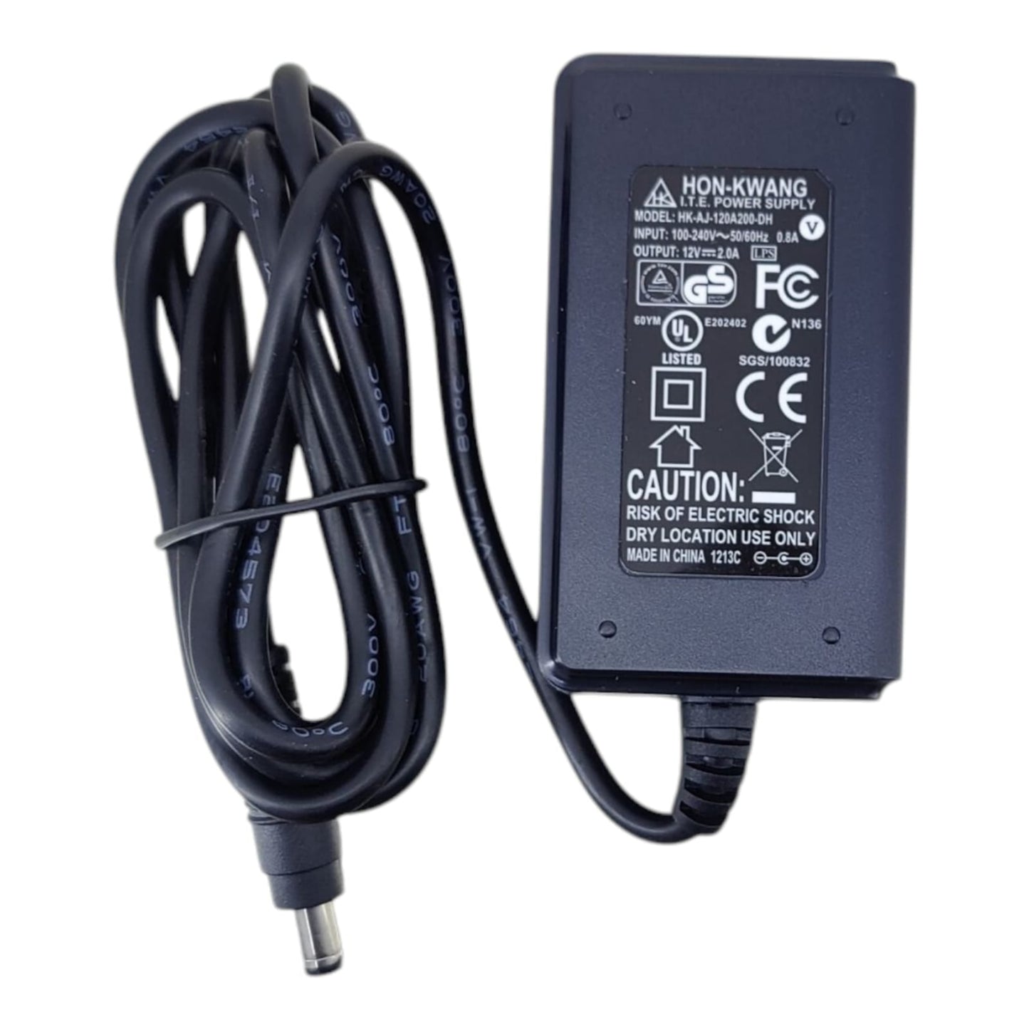 Close-up of the specifications label on a black HON-KWANG 12V 2A power adapter, model HK-P112-120A200-DH.