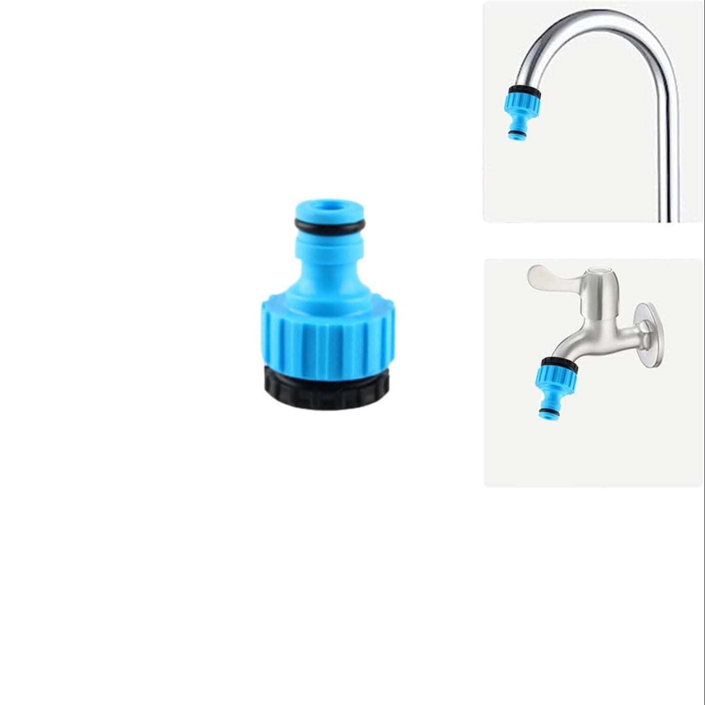 Blue 2-in-1 garden hose tap connector designed for 3/4" and 1/2" faucets, durable and corrosion-resistant.