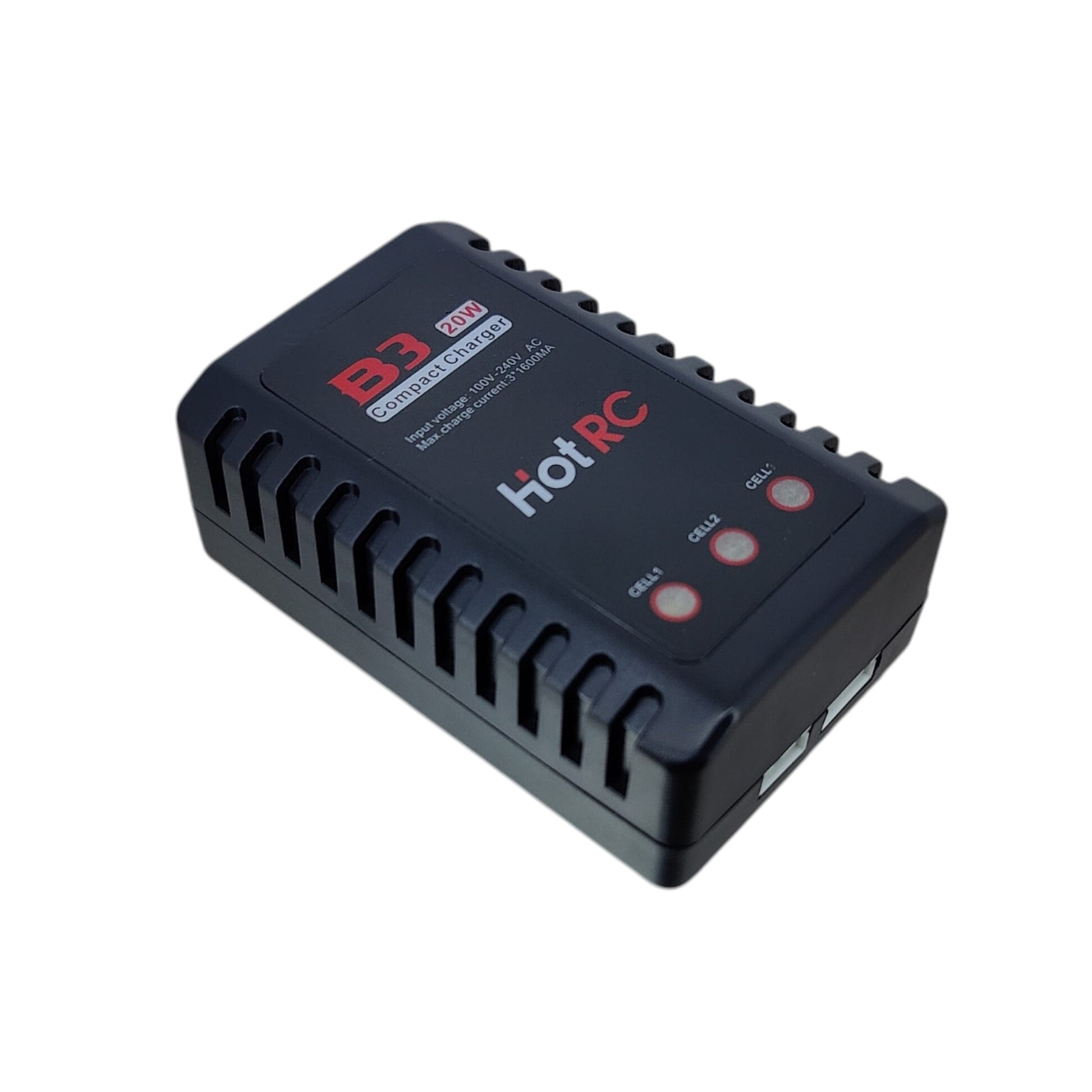 Top view of the Hot RC B3 20W compact LiPo battery charger showing LED indicators.