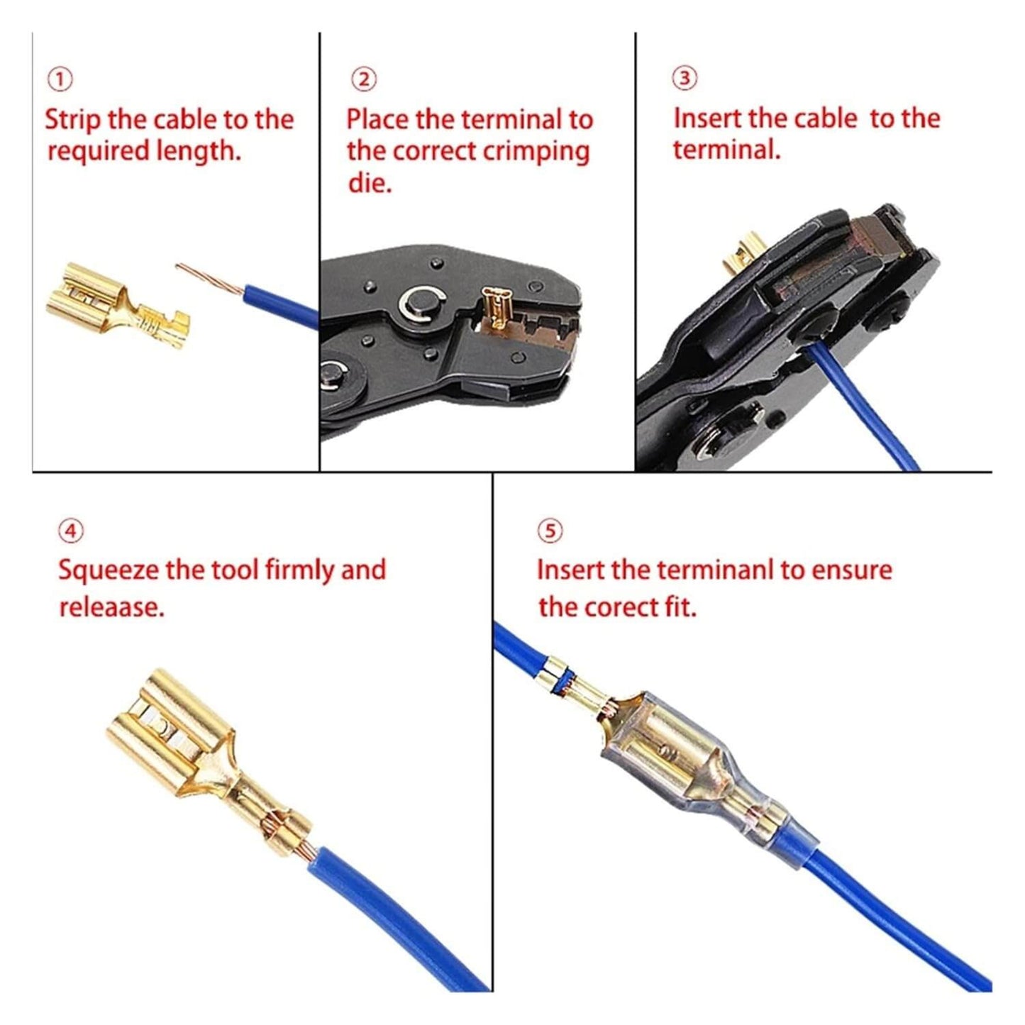 Step-by-step guide on crimping insulated spade terminals using wire connectors tool.