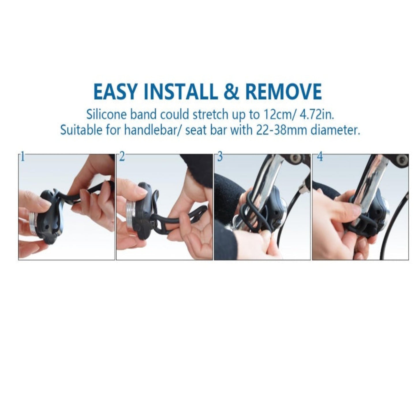 4-step easy installation guide for bike lights on handlebars or seat bars using silicone bands.