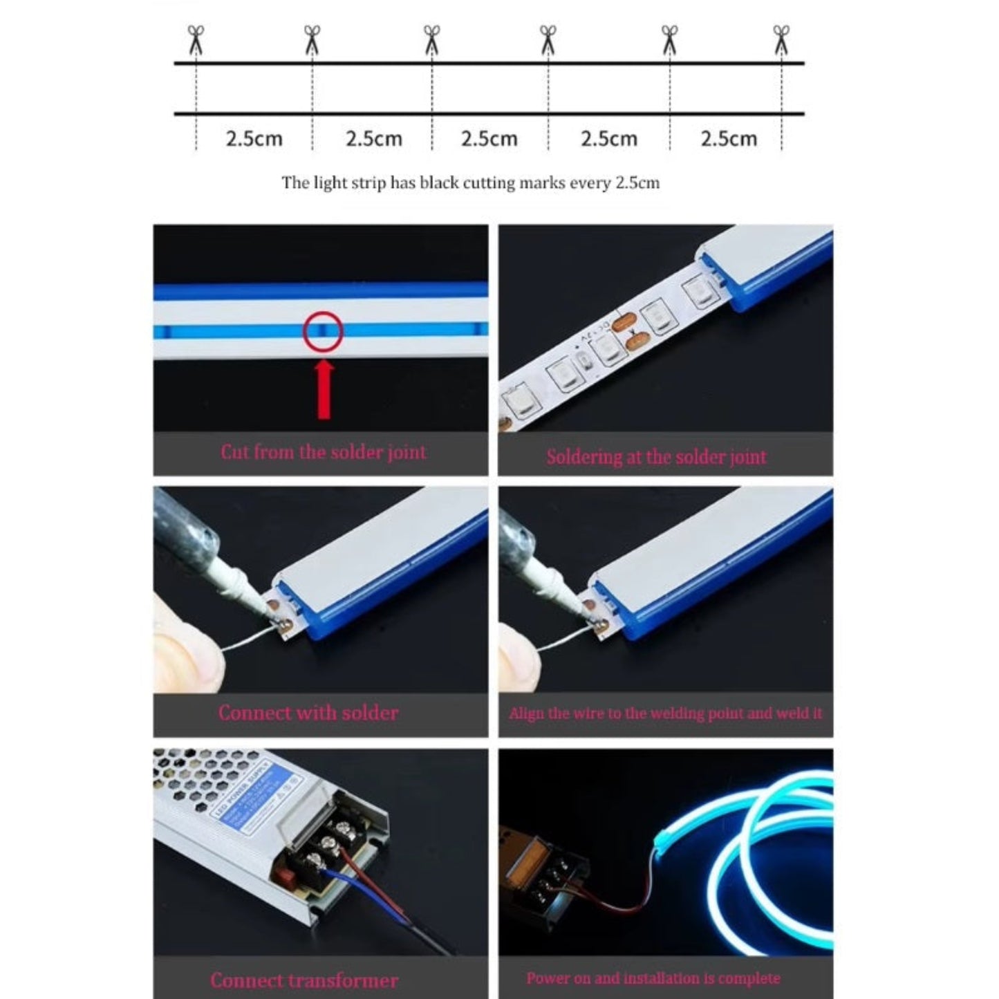 Step-by-step guide on how to cut, solder, and install the 12V flexible LED light strip.
