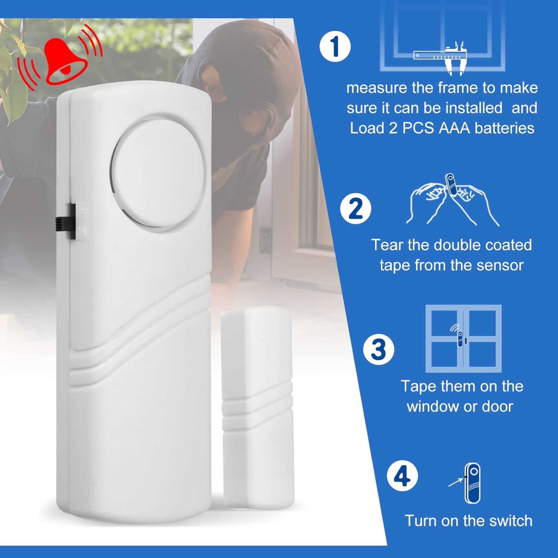 Instructions for installing a wireless door window alarm with magnetic sensor for home security.