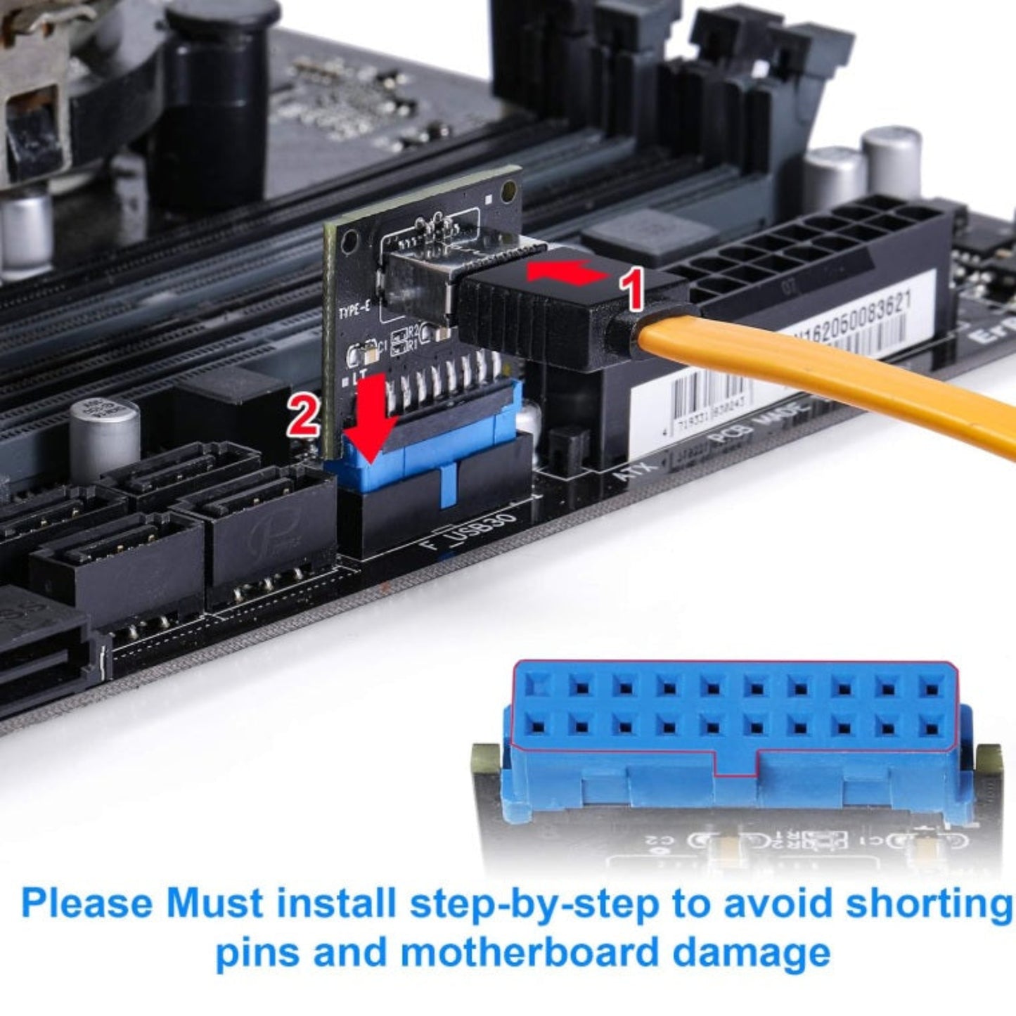 Step-by-step installation guide for USB 3.0 19-pin to Type-E adapter to avoid shorting pins and motherboard damage.