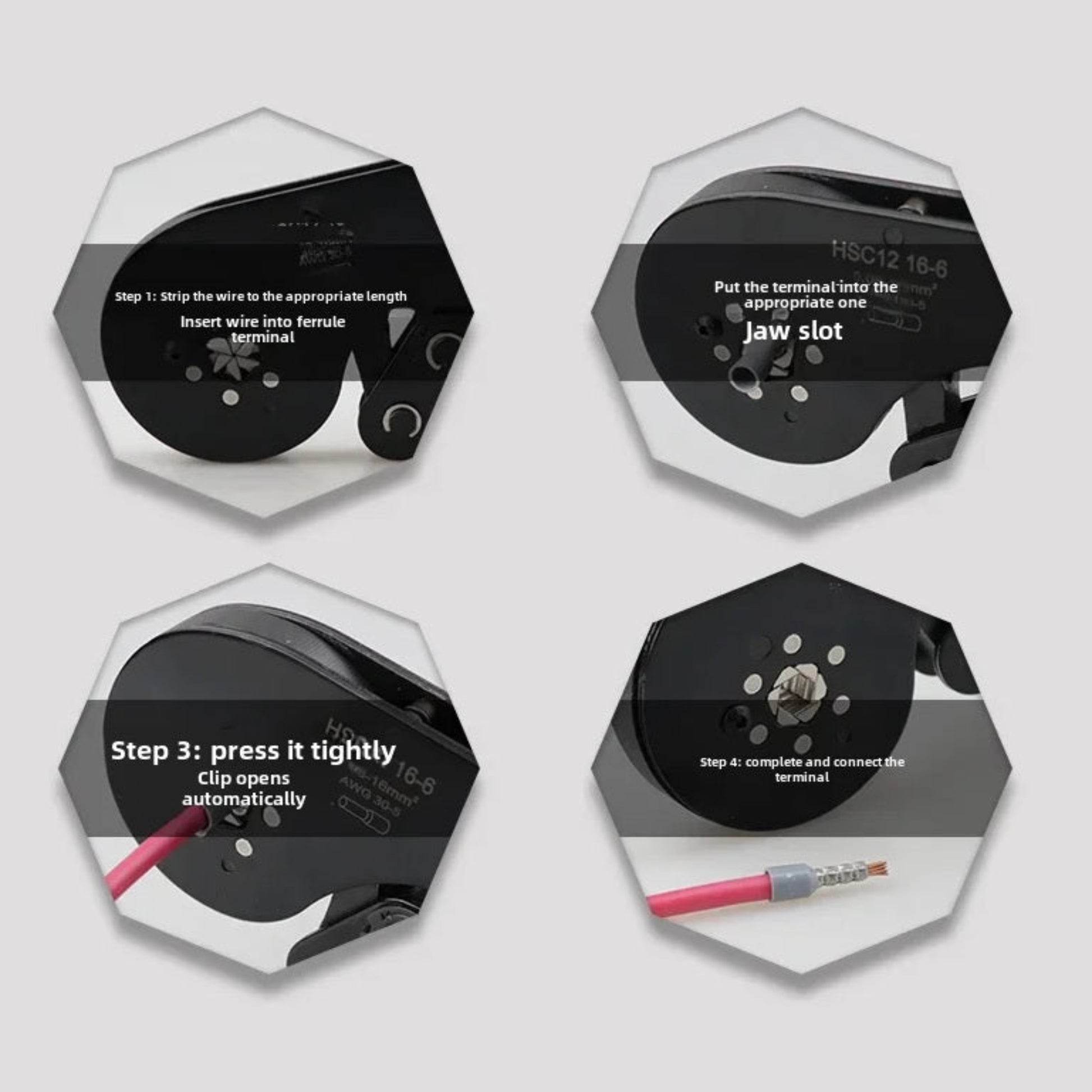 Four-step instructional guide on how to use the hexagonal crimping tool to connect a wire ferrule.