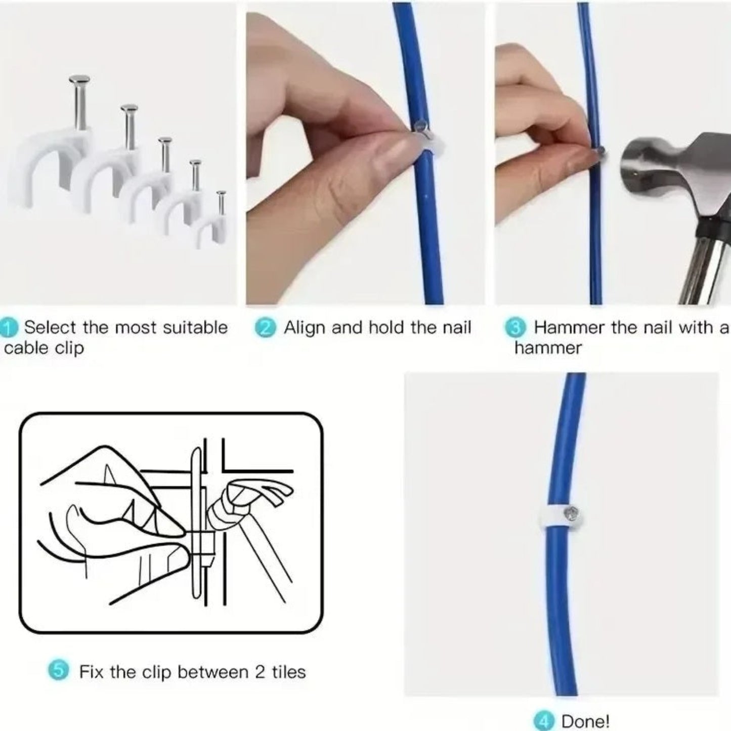 Instructional diagram showing how to use a nail cable clip: select clip, align with cable, and hammer into a wall.