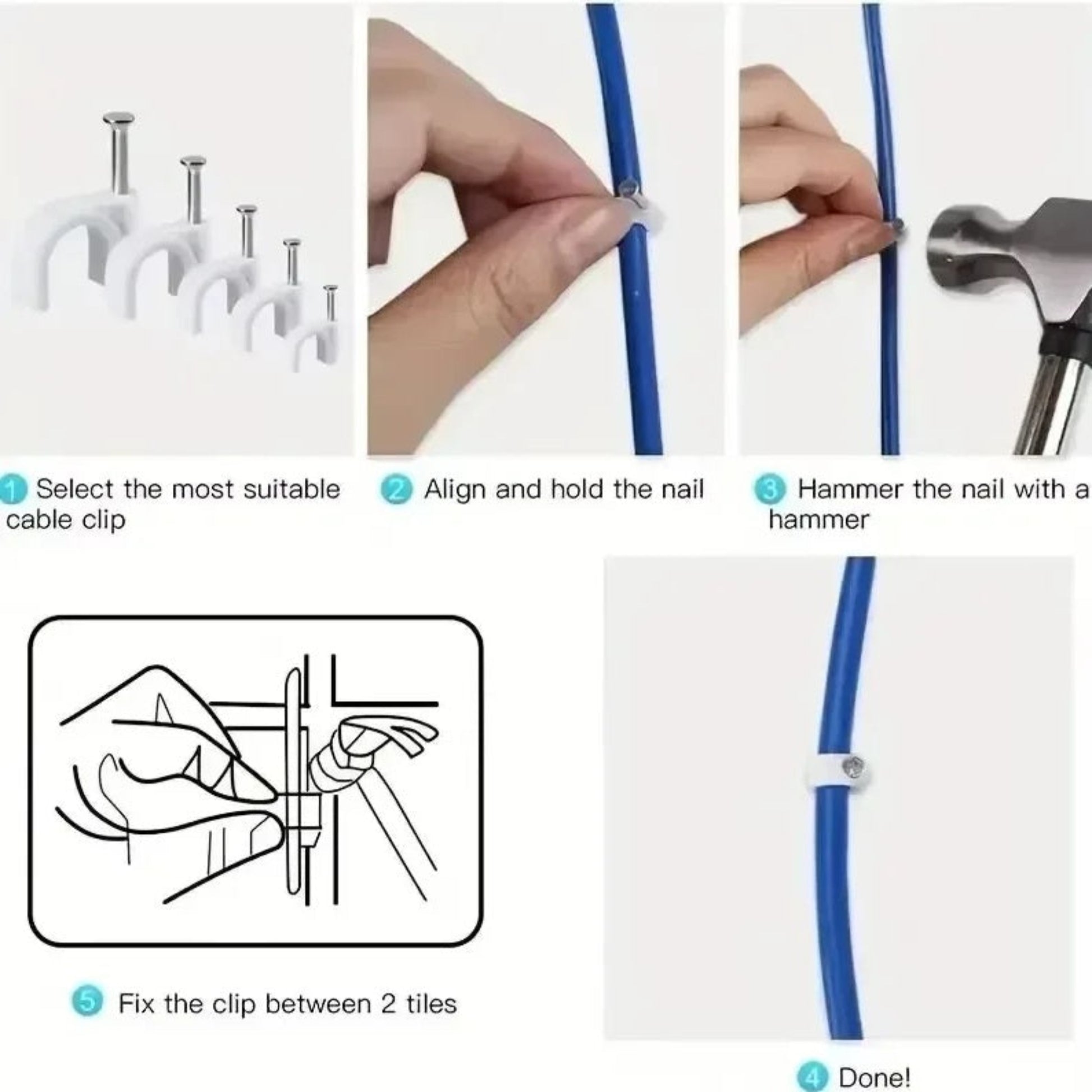 Instructional diagram showing how to use a nail cable clip: select clip, align with cable, and hammer into a wall.