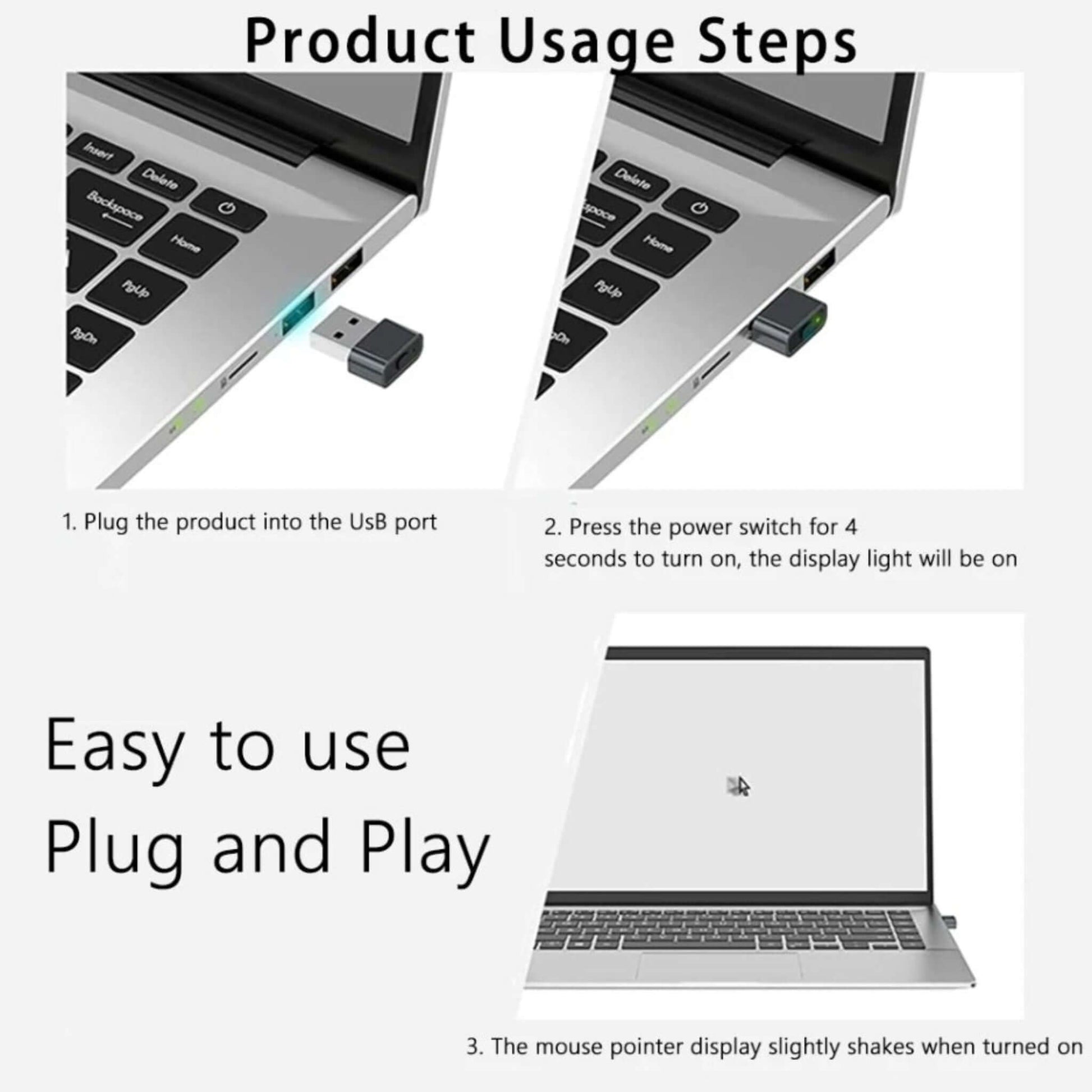 Product usage steps: plug into USB port and press power switch for 4 seconds to turn on.