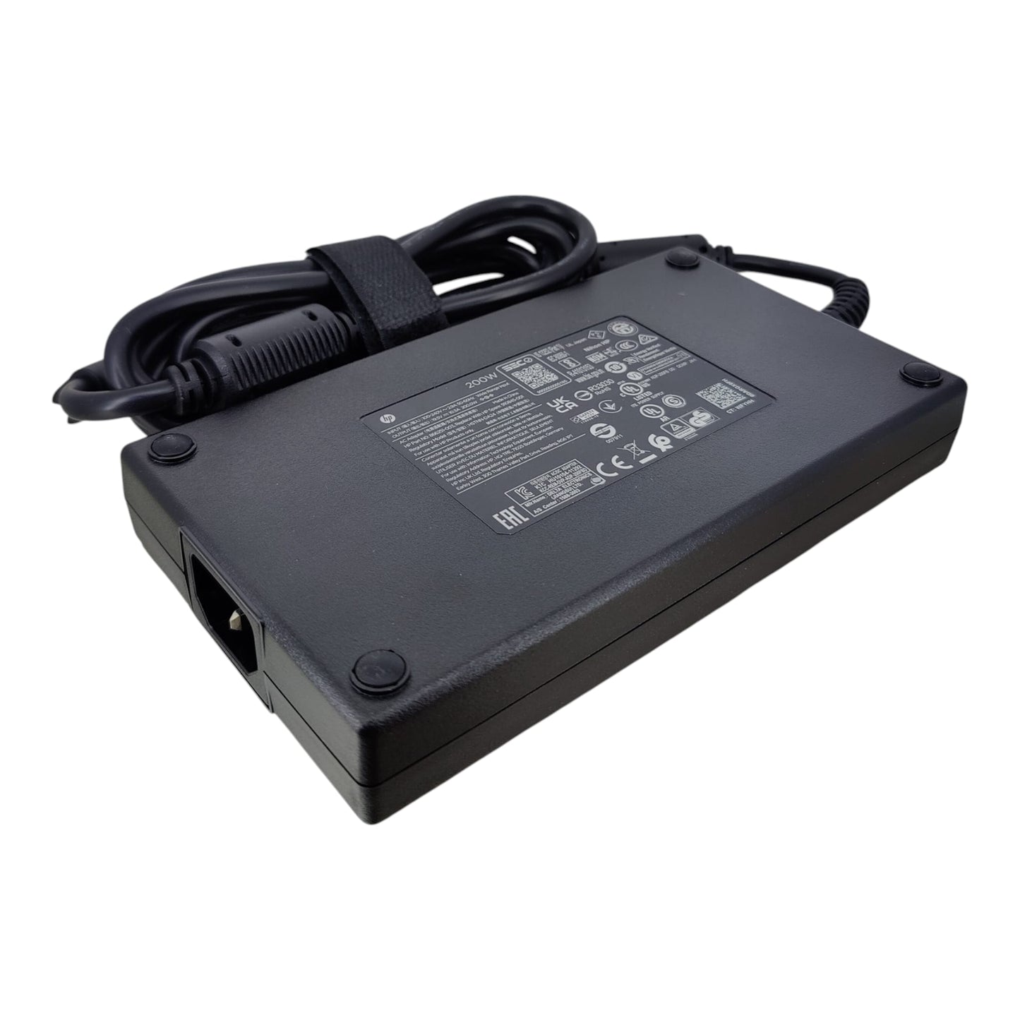 Full view of HP 200W AC Adapter brick with cable management strap