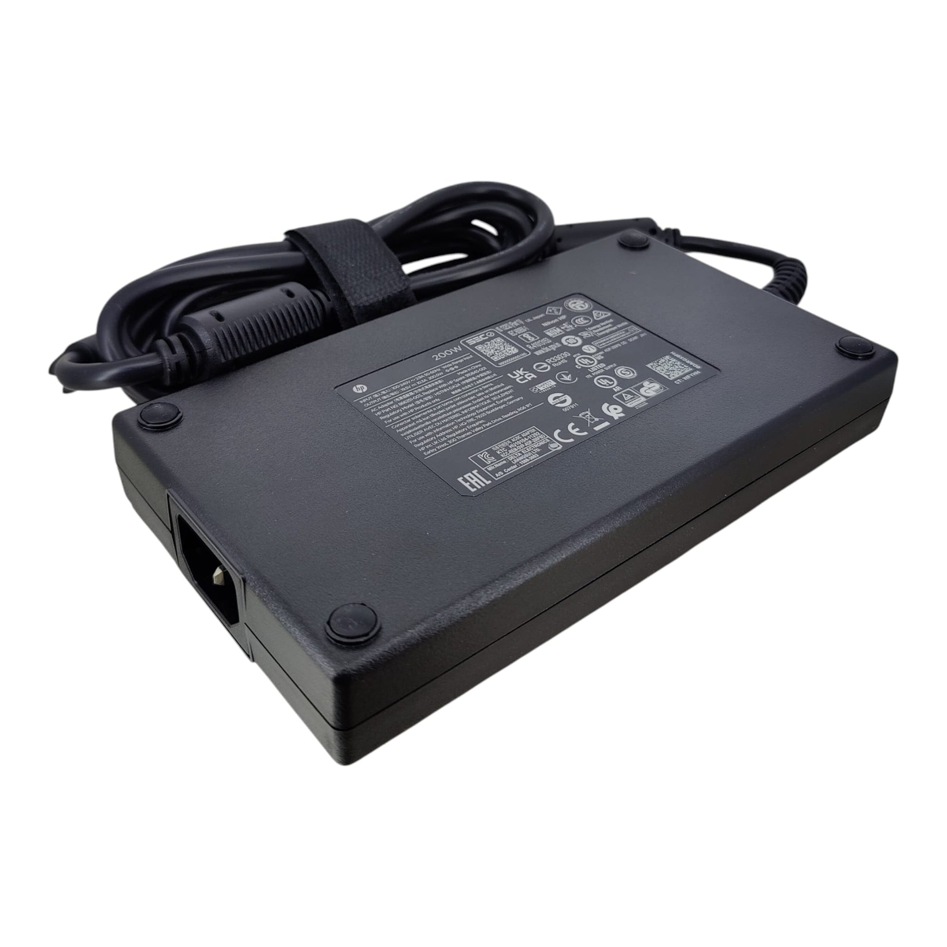 Full view of HP 200W AC Adapter brick with cable management strap
