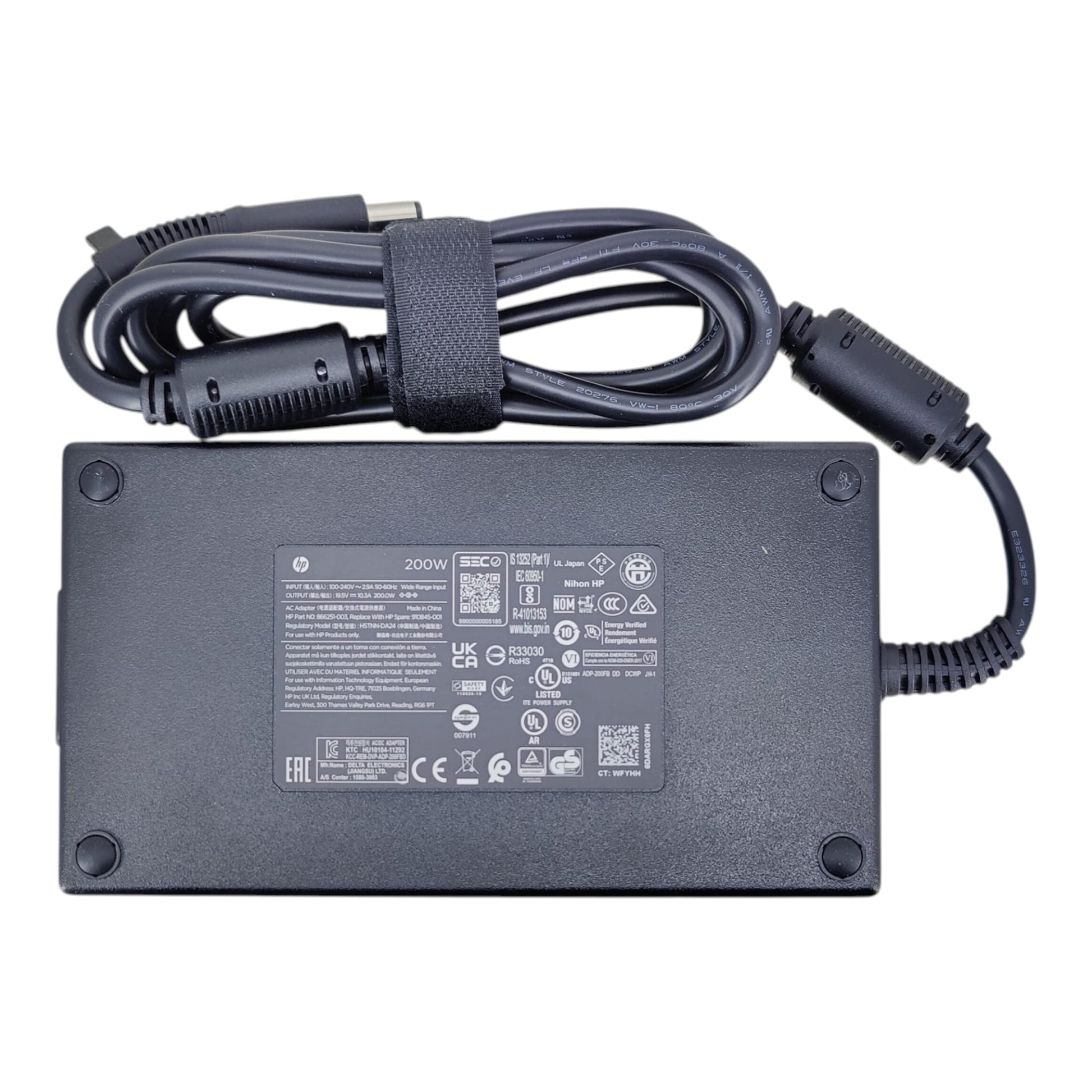 HP 200W Power Adapter showing model HSTNN-DA24 label specification