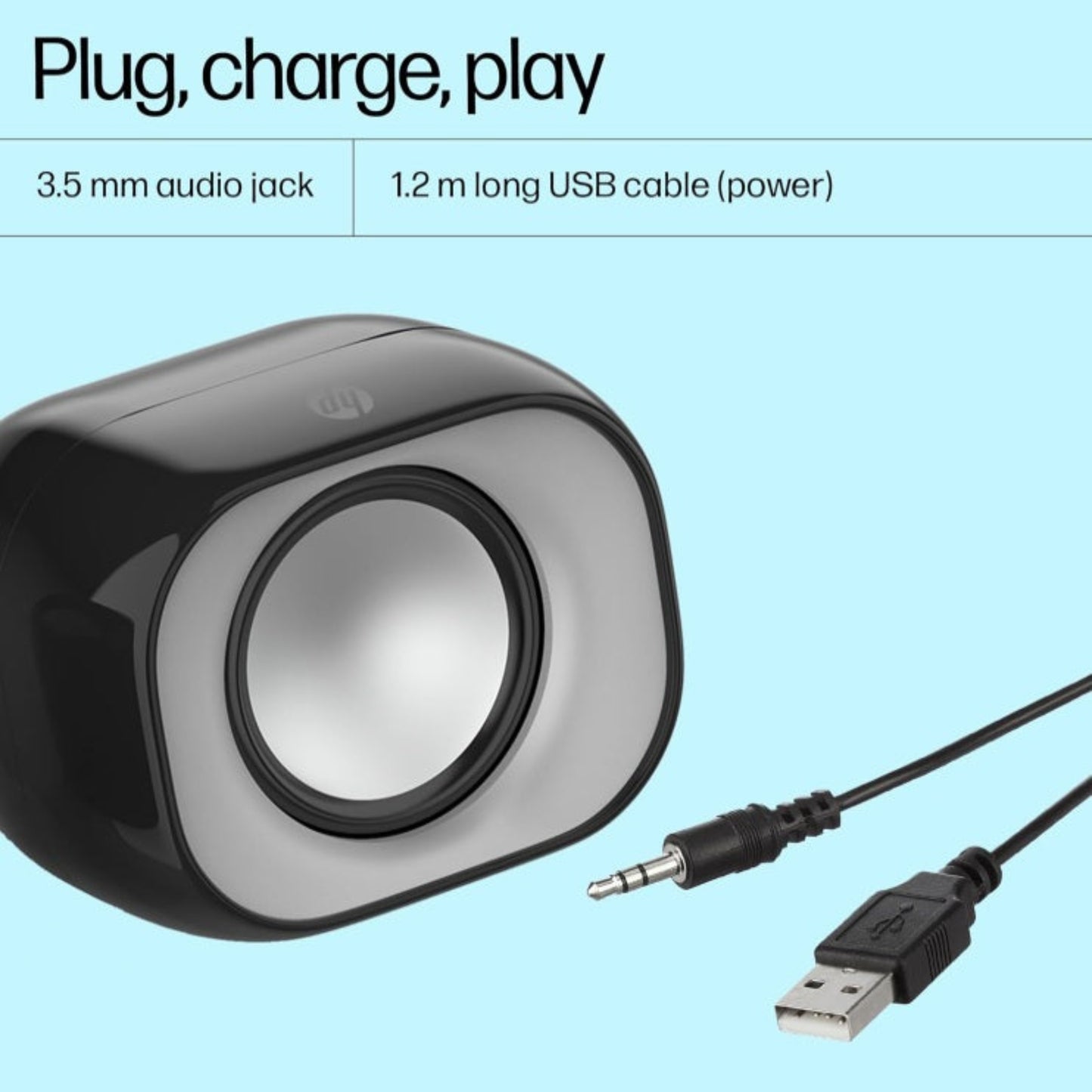 HP DHS-2111 電腦喇叭配備 3.5mm 音源線及 USB 供電插頭。