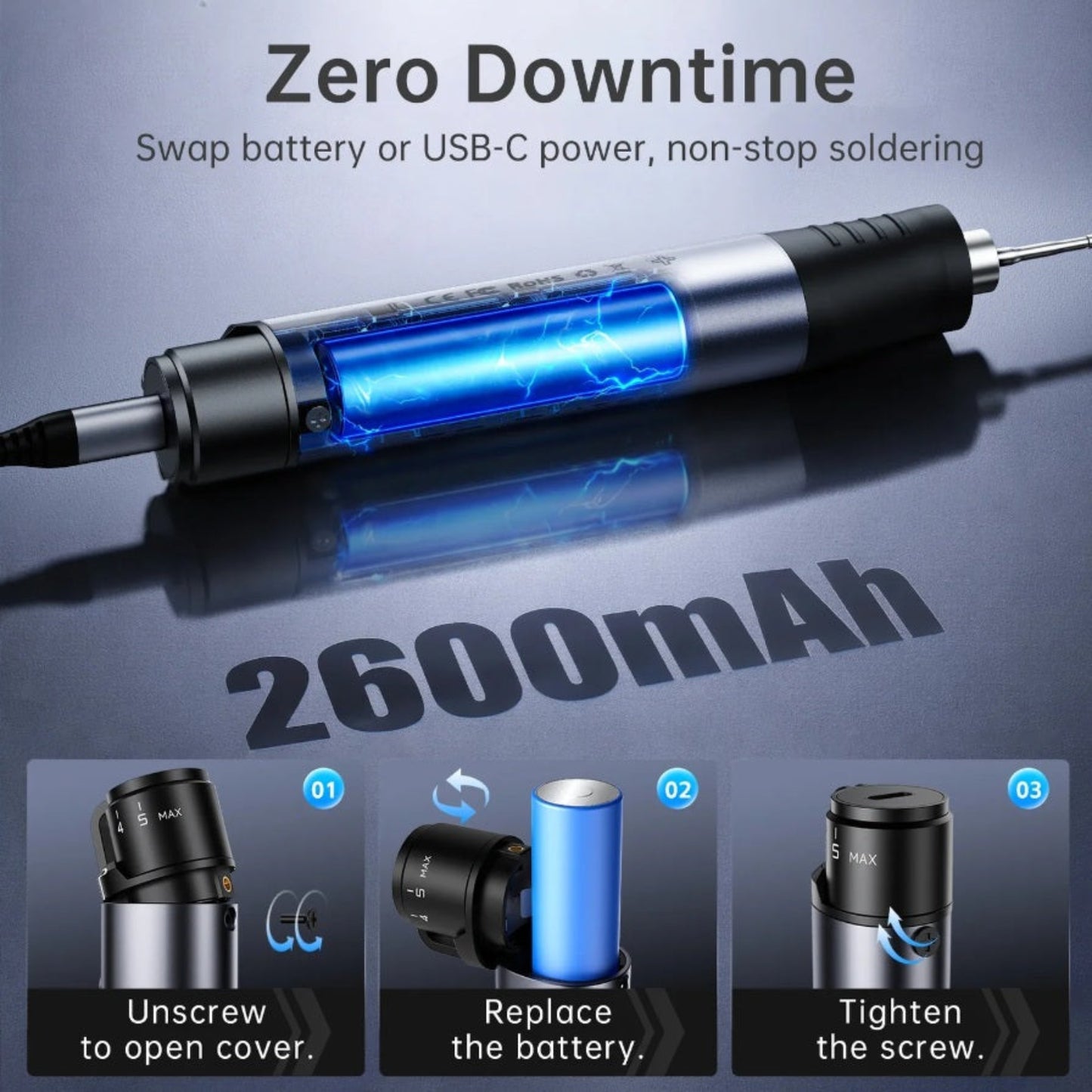 展示 HS-03 無線電烙鐵的 2600mAh 可換電池內部結構設計。