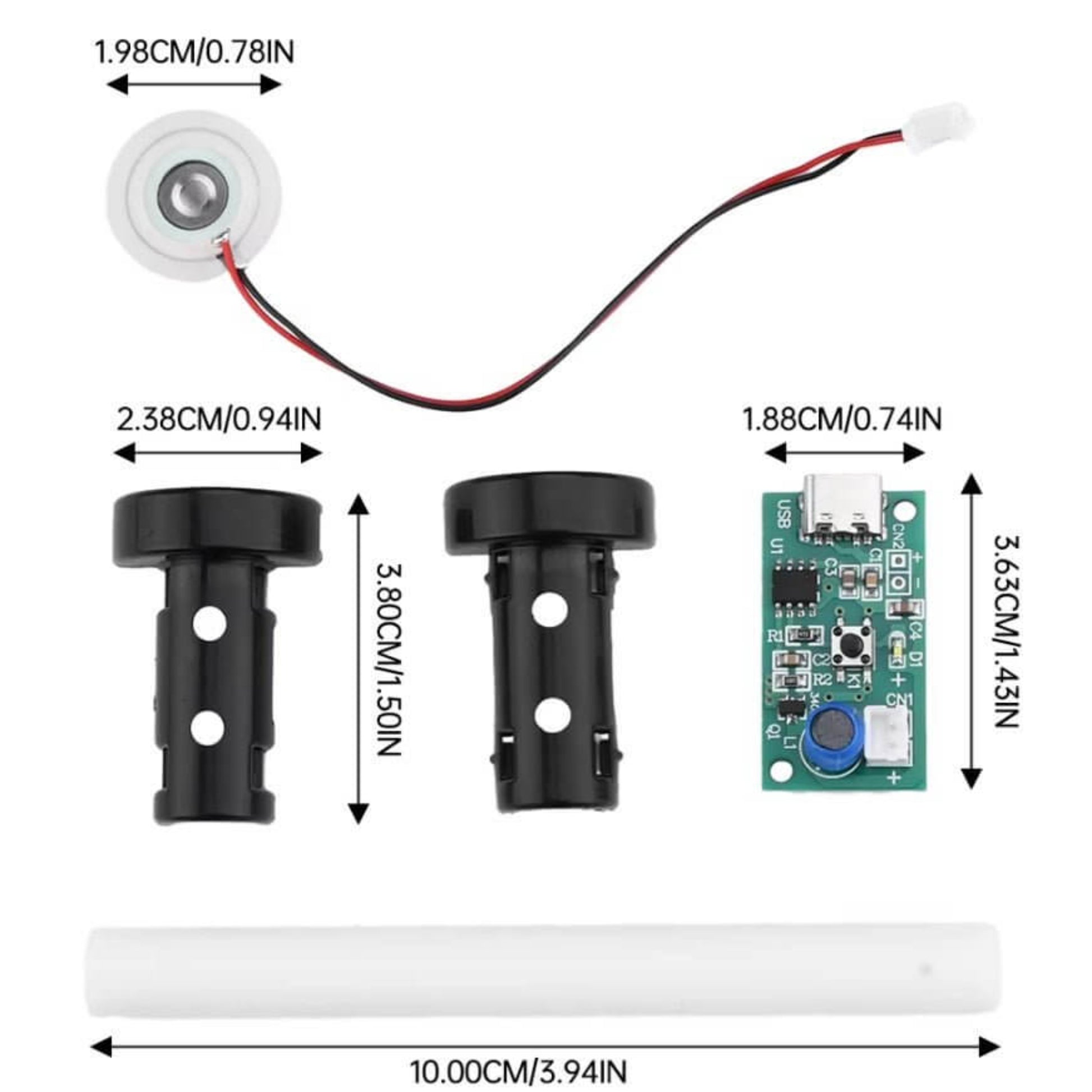 Size specifications and dimensions for 5V humidifier module and atomizer parts.