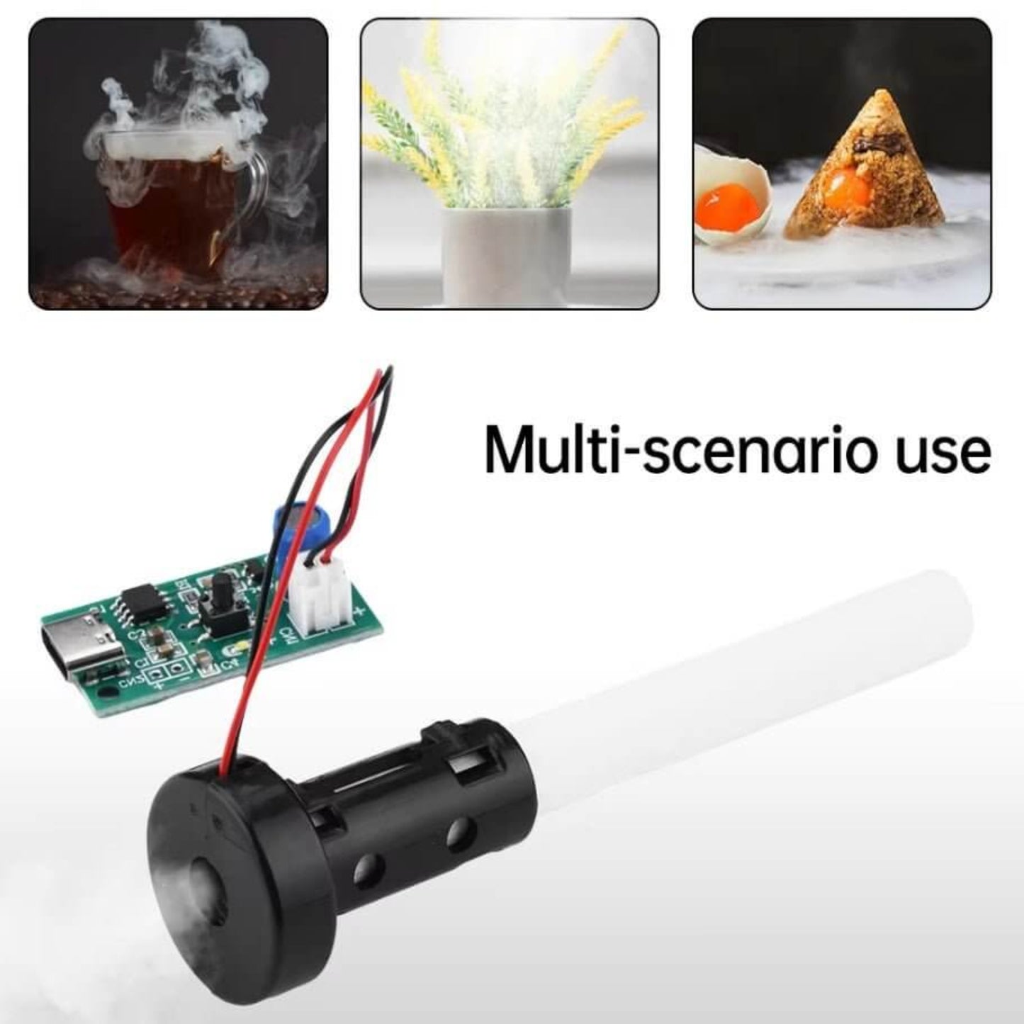 Multi-scenario use of DIY humidifier for plants, coffee, and food displays.