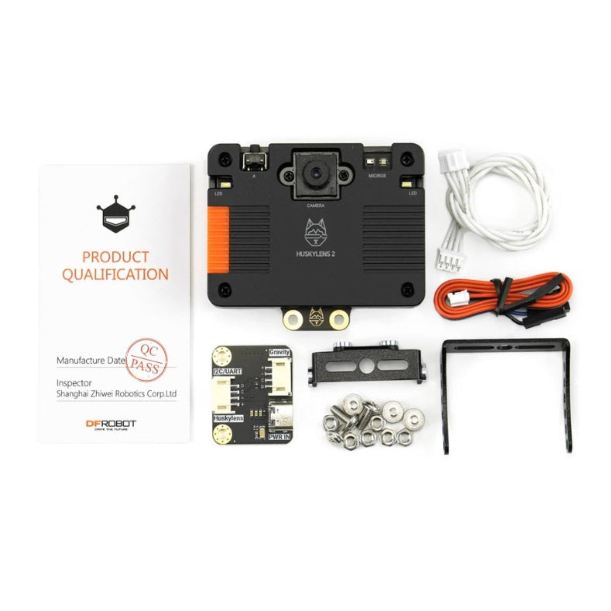 Everything included in the HUSKYLENS 2 box, including the sensor, mounting brackets, Gravity cables, and power adapter board.