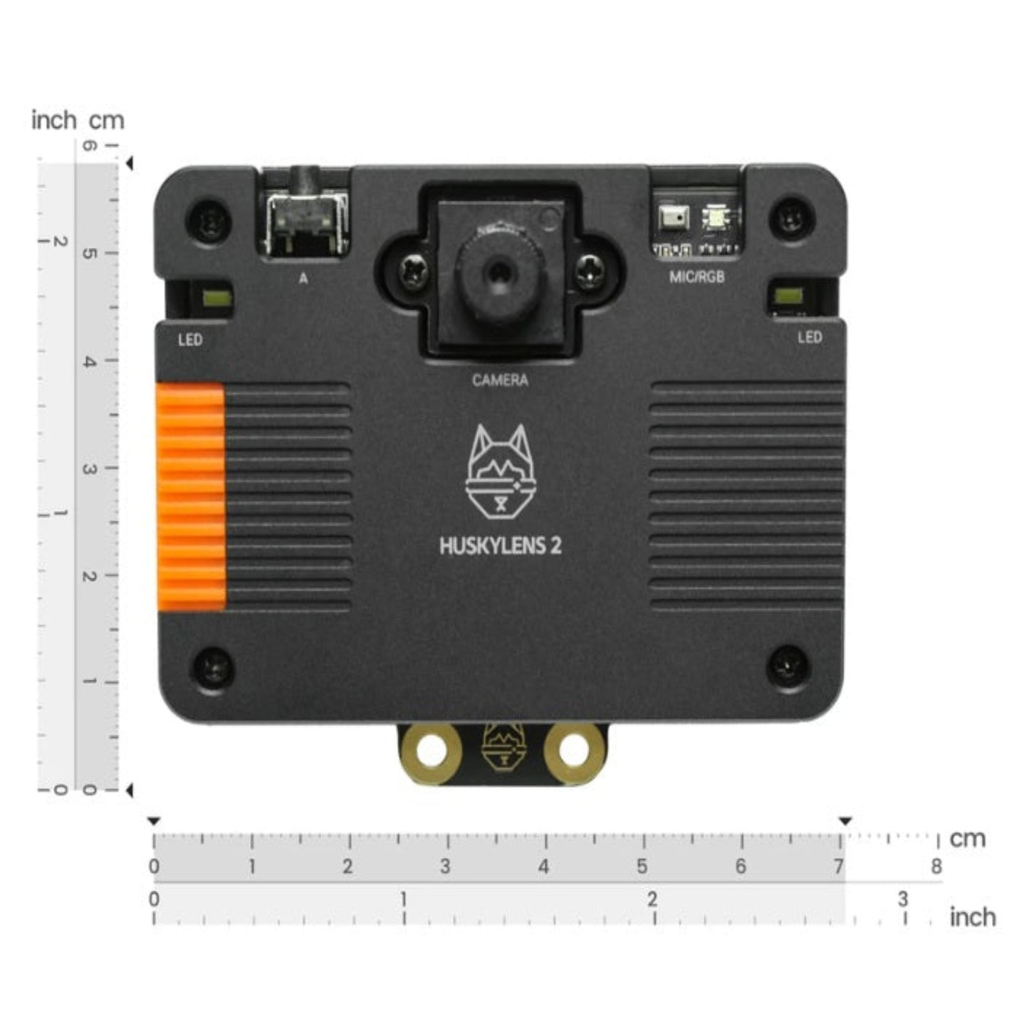 Front face of the HUSKYLENS 2 AI camera highlighting the lens, microphone, and RGB indicators with metric measurements.