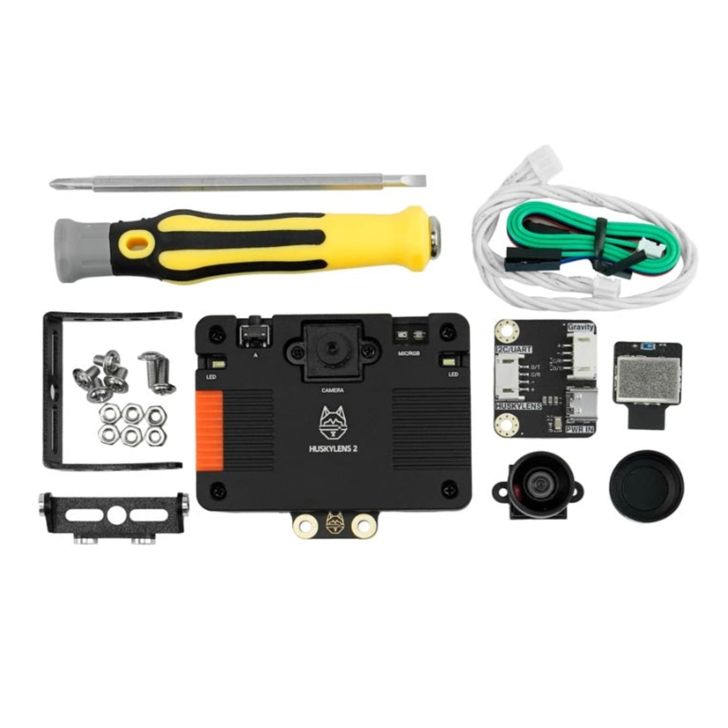 The complete shipping list of the HUSKYLENS 2 Plus Kit, including mounting brackets, Gravity sensor cables, and a screwdriver.
