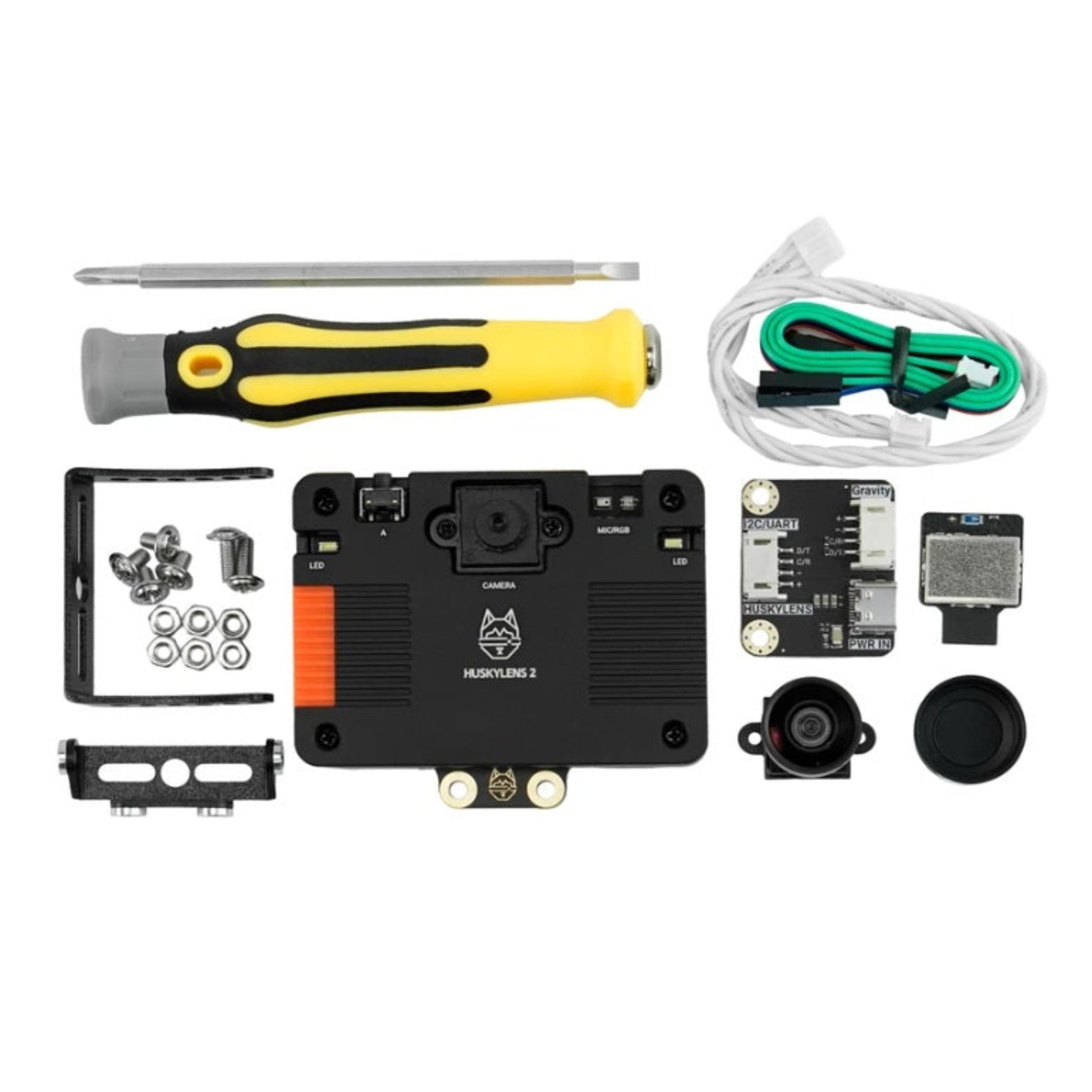 The complete shipping list of the HUSKYLENS 2 Plus Kit, including mounting brackets, Gravity sensor cables, and a screwdriver.
