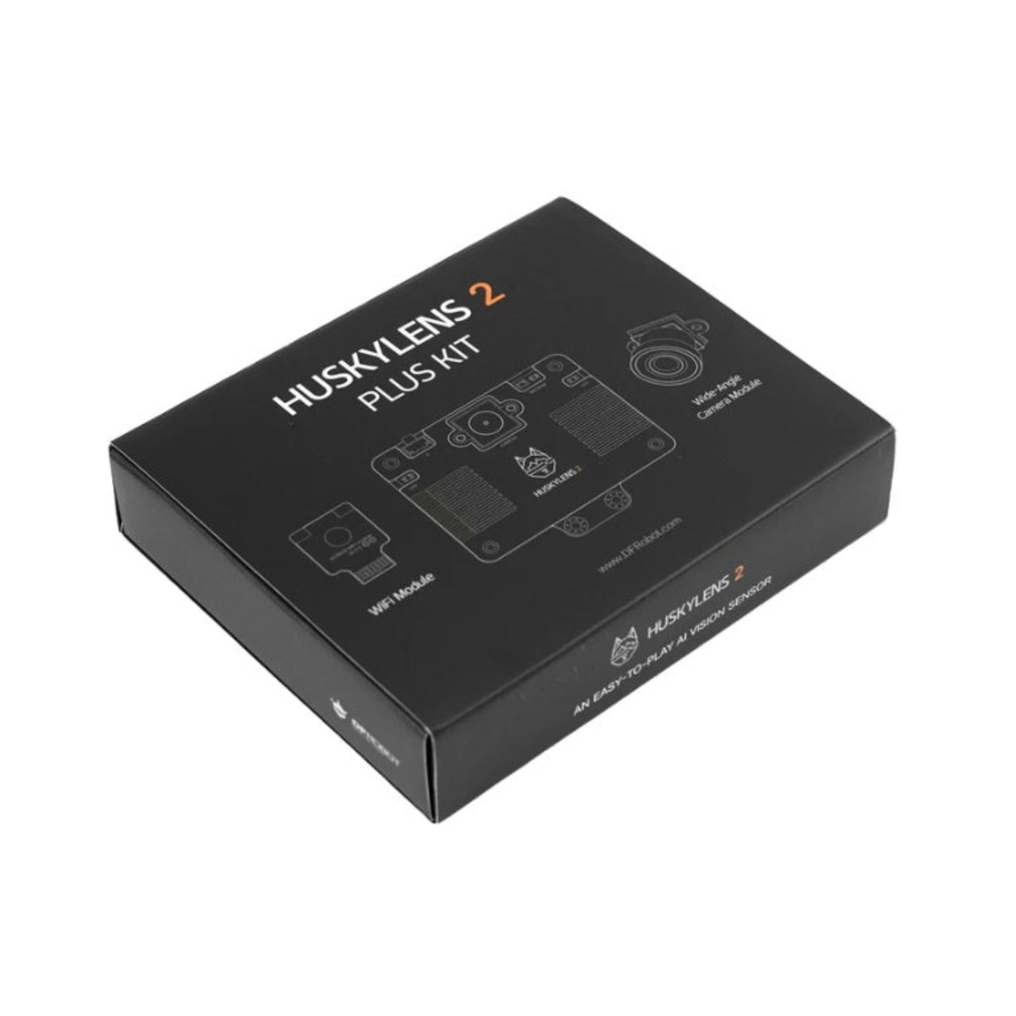 The official retail box of the Gravity HUSKYLENS 2 Plus Kit, featuring the edge AI vision sensor, Wi-Fi 6 module, and wide-angle camera.