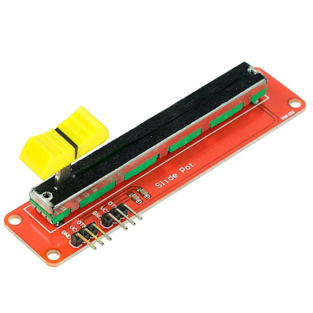 HW-233 10K 直滑式電位器模組的傾斜視圖，展示黃色推桿帽、防塵布設計及兩組獨立的 3-pin 輸出排針。
