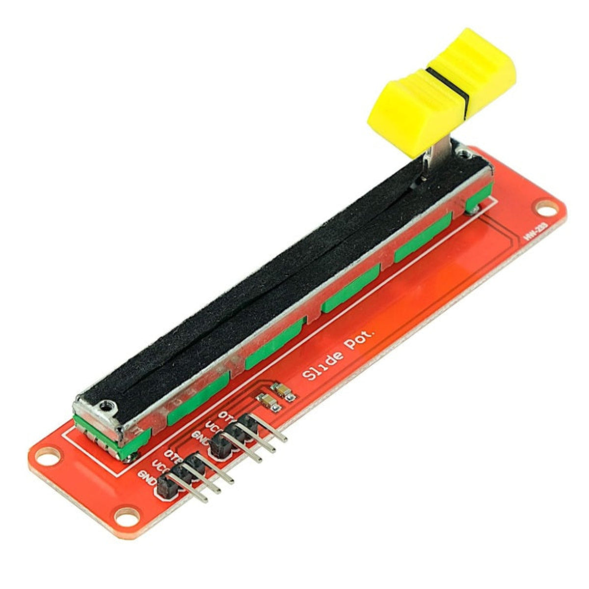HW-233 模組特寫，清晰顯示兩組獨立模擬輸出排針的絲印標籤 (OTA, VCC, GND 及 OTB, VCC, GND)。