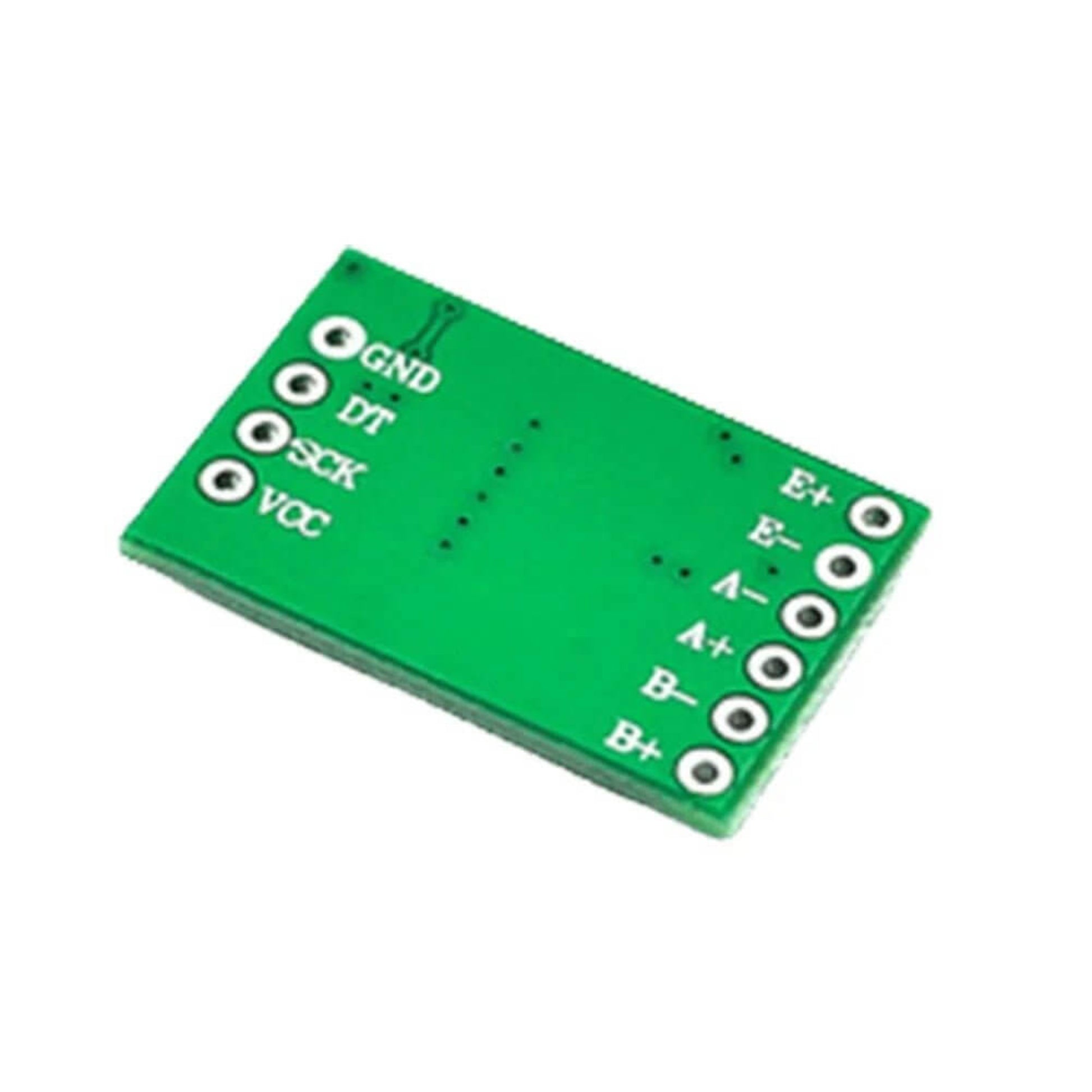 HX711 AD conversion module pinout diagram showing GND, SCK, DT, VCC, and bridge pins.
